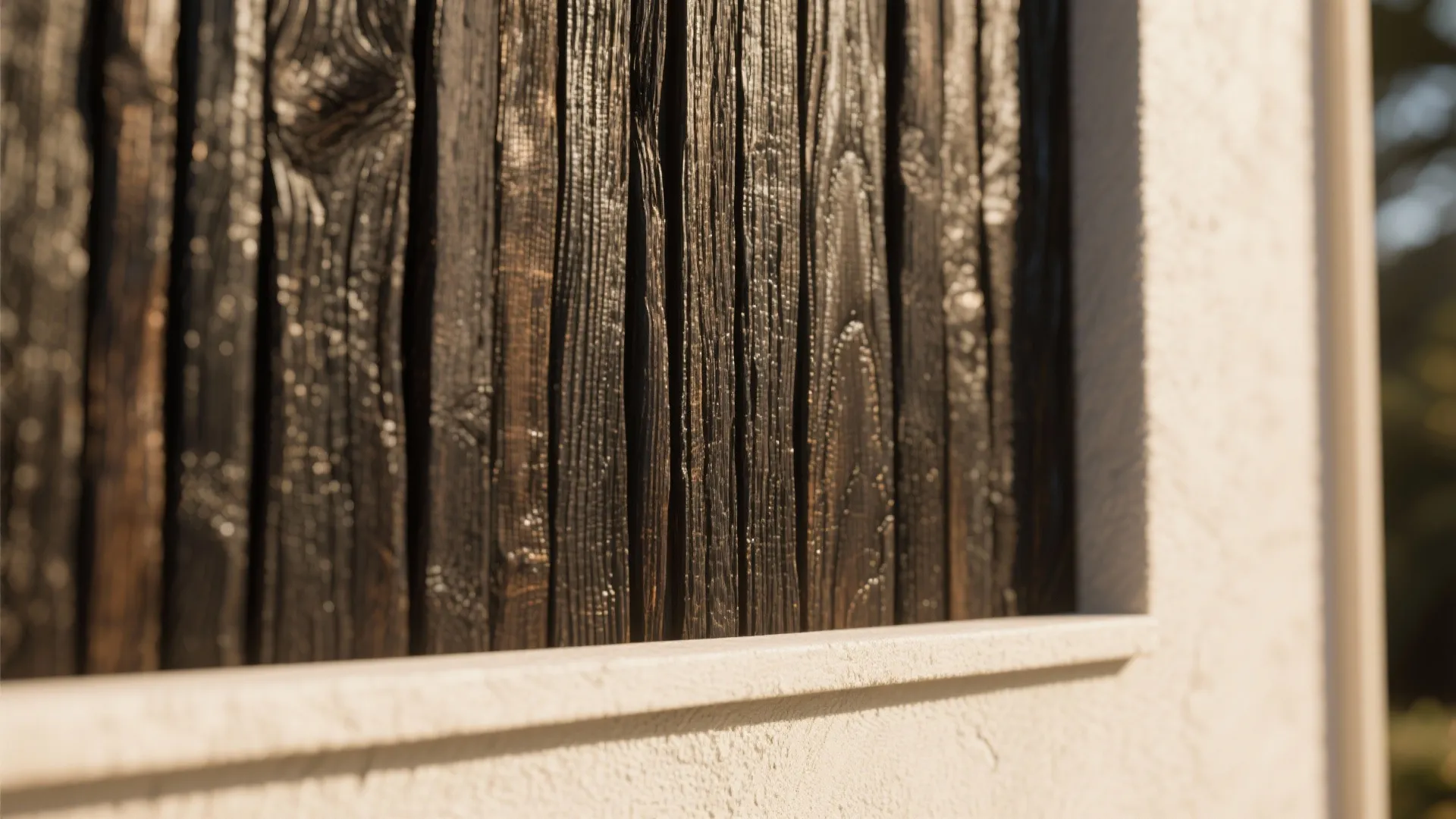 Vertical charred wood (Shou Sugi Ban) with warm contrast