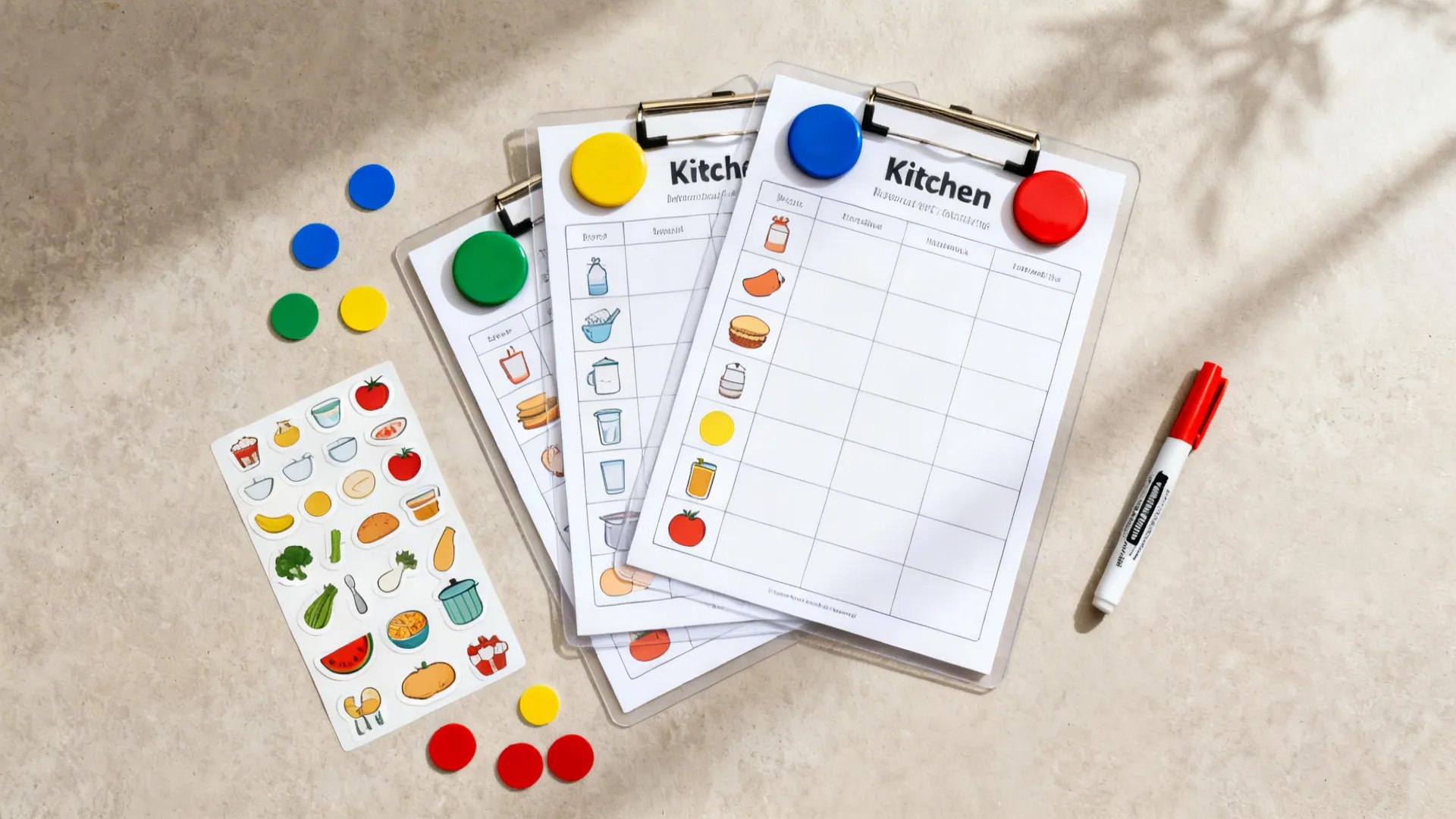 Flat lay of laminated sheets, magnets, icon stickers, and colored dots for kitchen charts.
