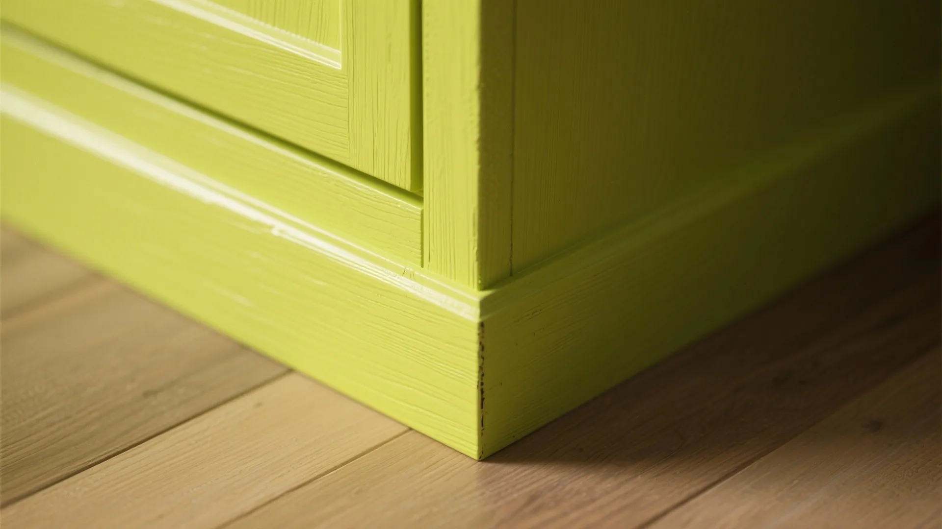 Close up of bright green wooden cabinet base sitting on a light brown wooden floor