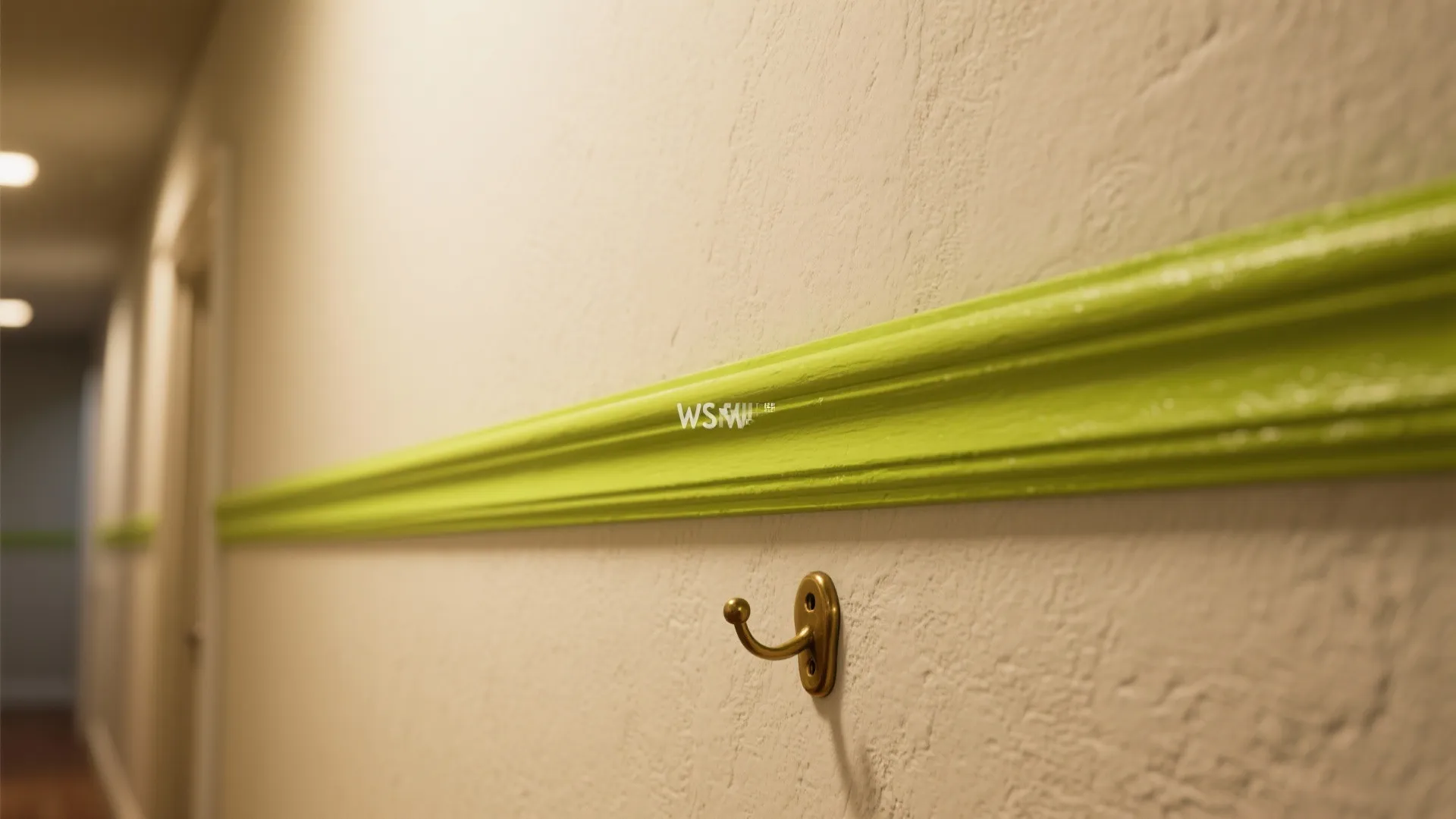 Macro view of a vivid chartreuse trim stripe against a neutral corridor wall with crisp paint edge