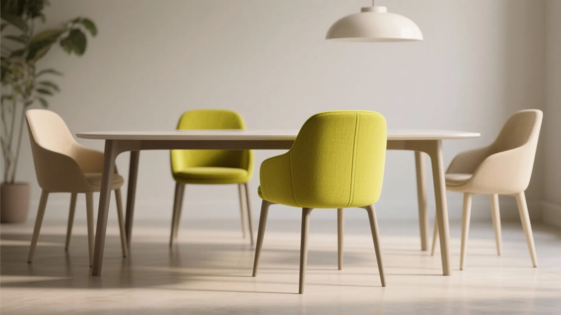 Neutral dining set with one chartreuse accent chair creating a focal point