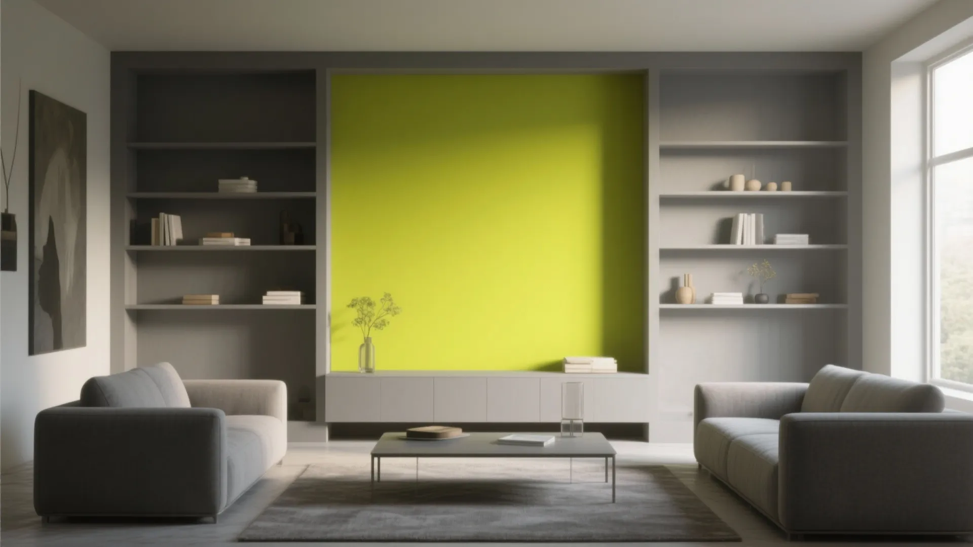 Modern living room with yellow accent wall grey sofas bookshelves coffee table and natural light