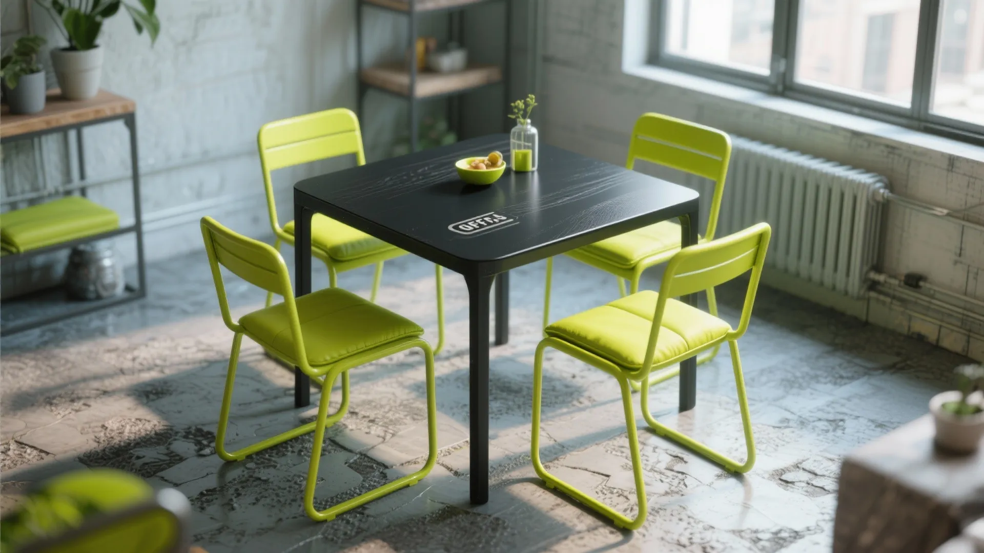 Industrial style dining area with black square table four bright green chairs and large window