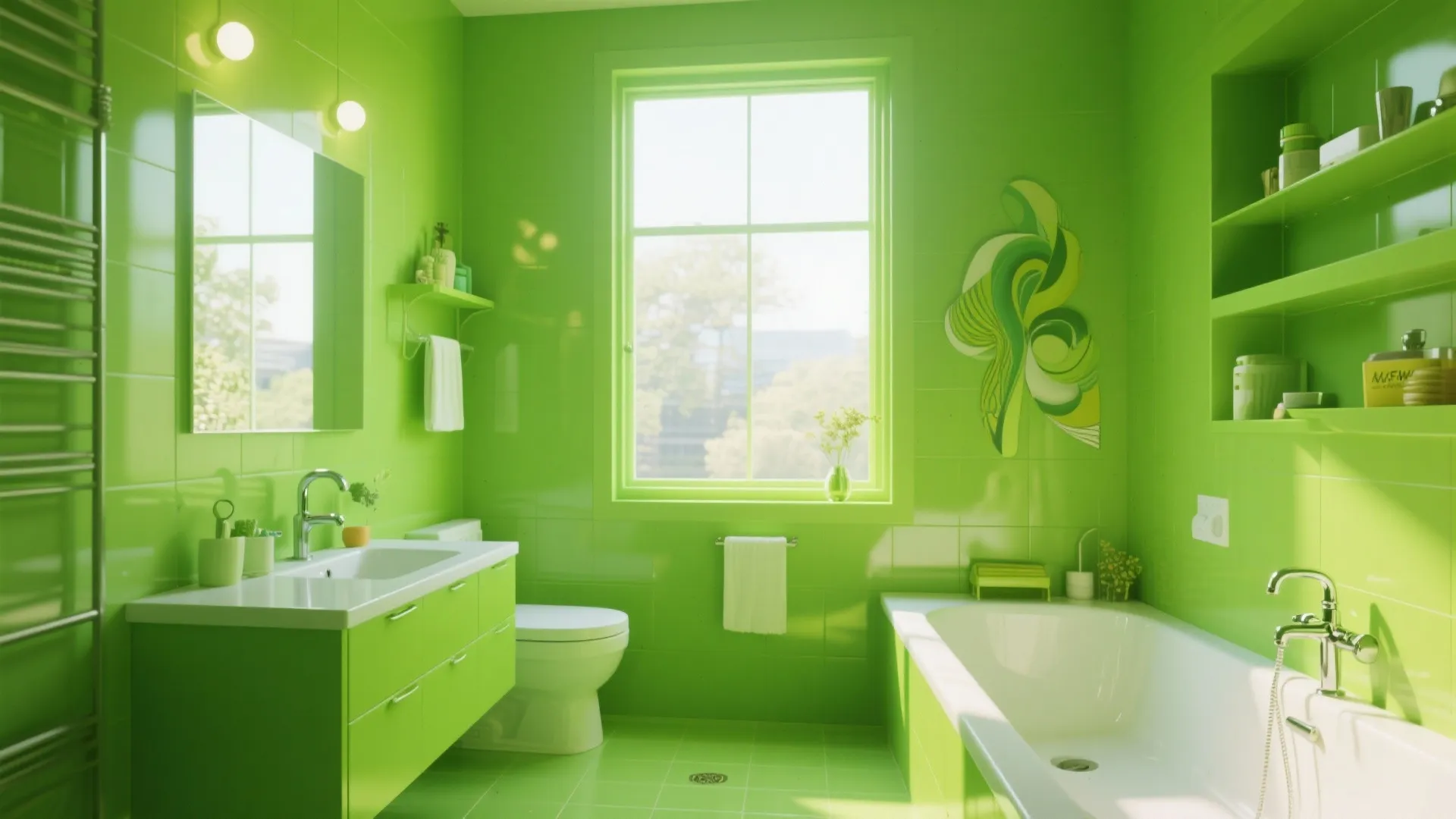 Bright lime green bathroom with matching wall tiles green cabinet white bathtub toilet and window