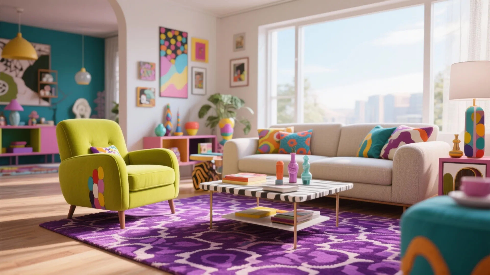 4. Chartreuse Armchair and Purple Patterned Rug