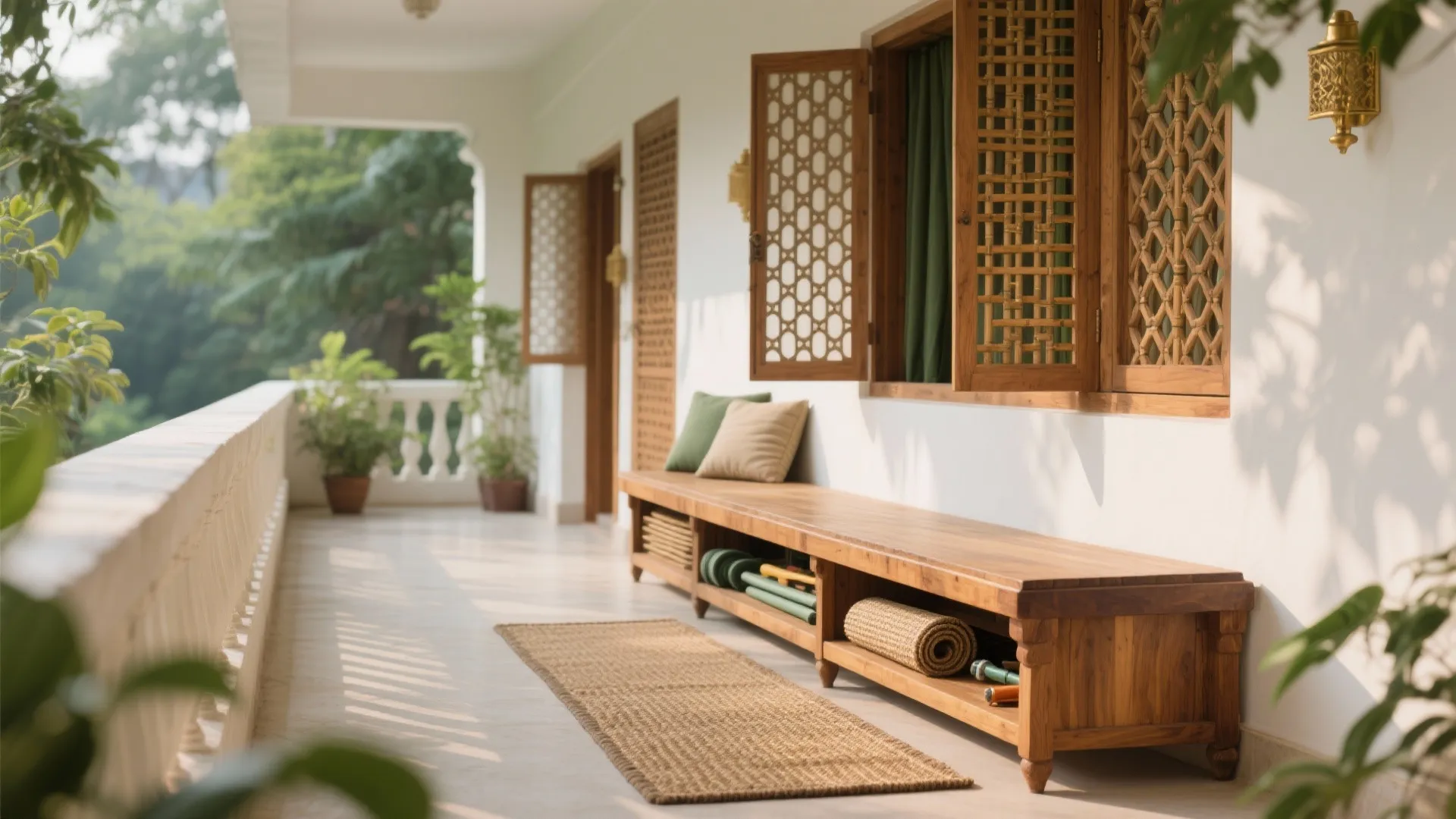 2) Charupadi seating + jali privacy