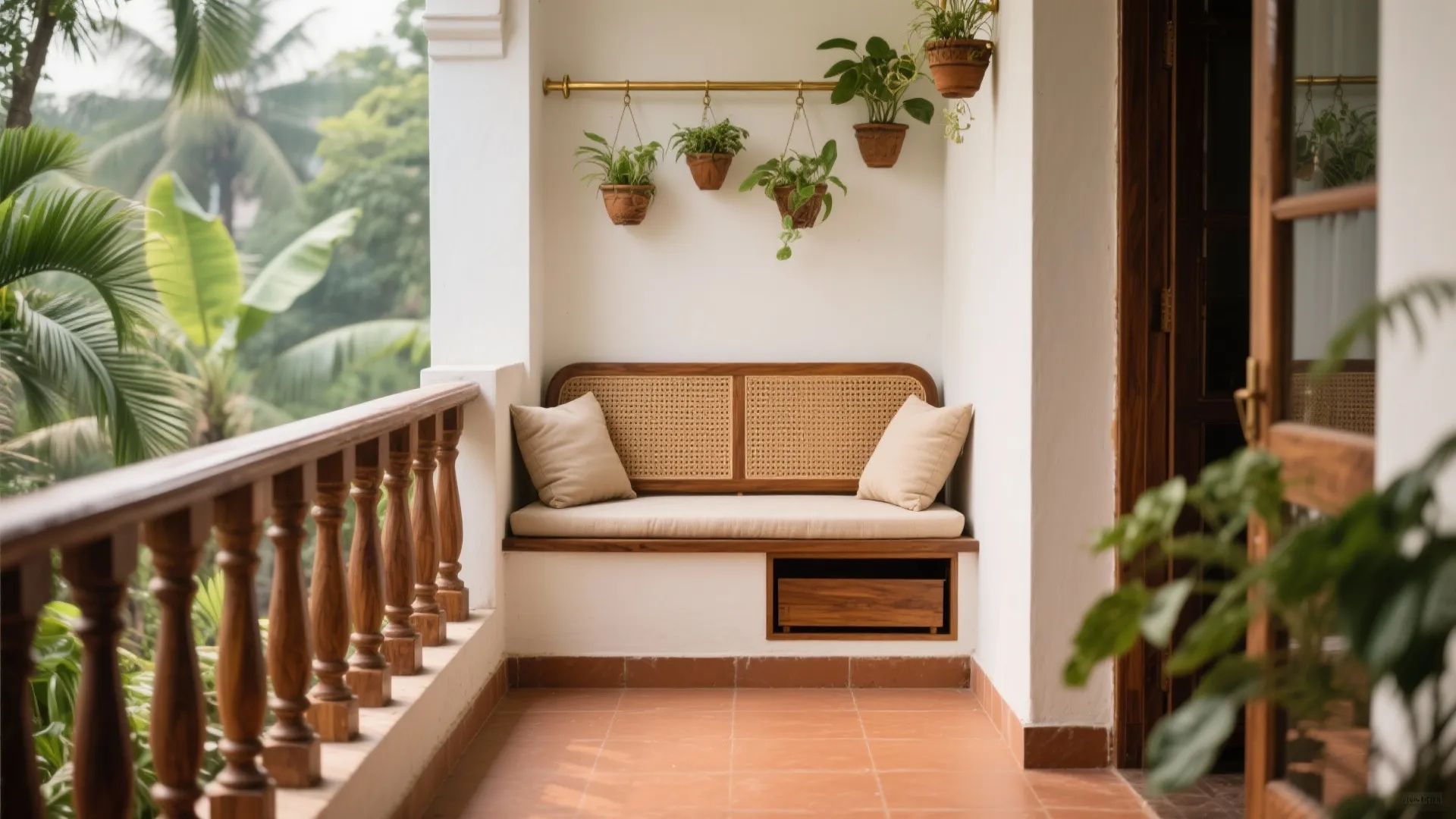 Wooden bench with cushions on a balcony featuring hanging green plants and a wooden railing