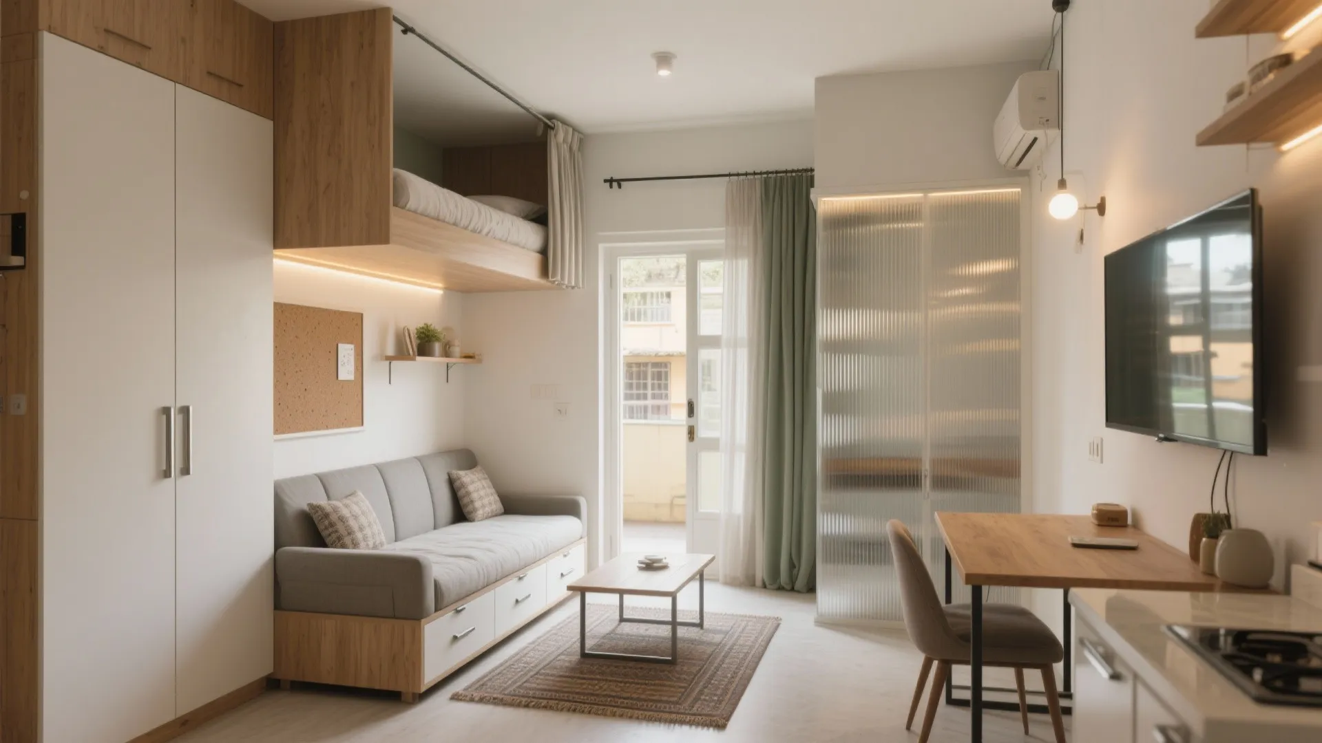 Small apartment interior design with grey sofa loft bed wooden desk and a television screen