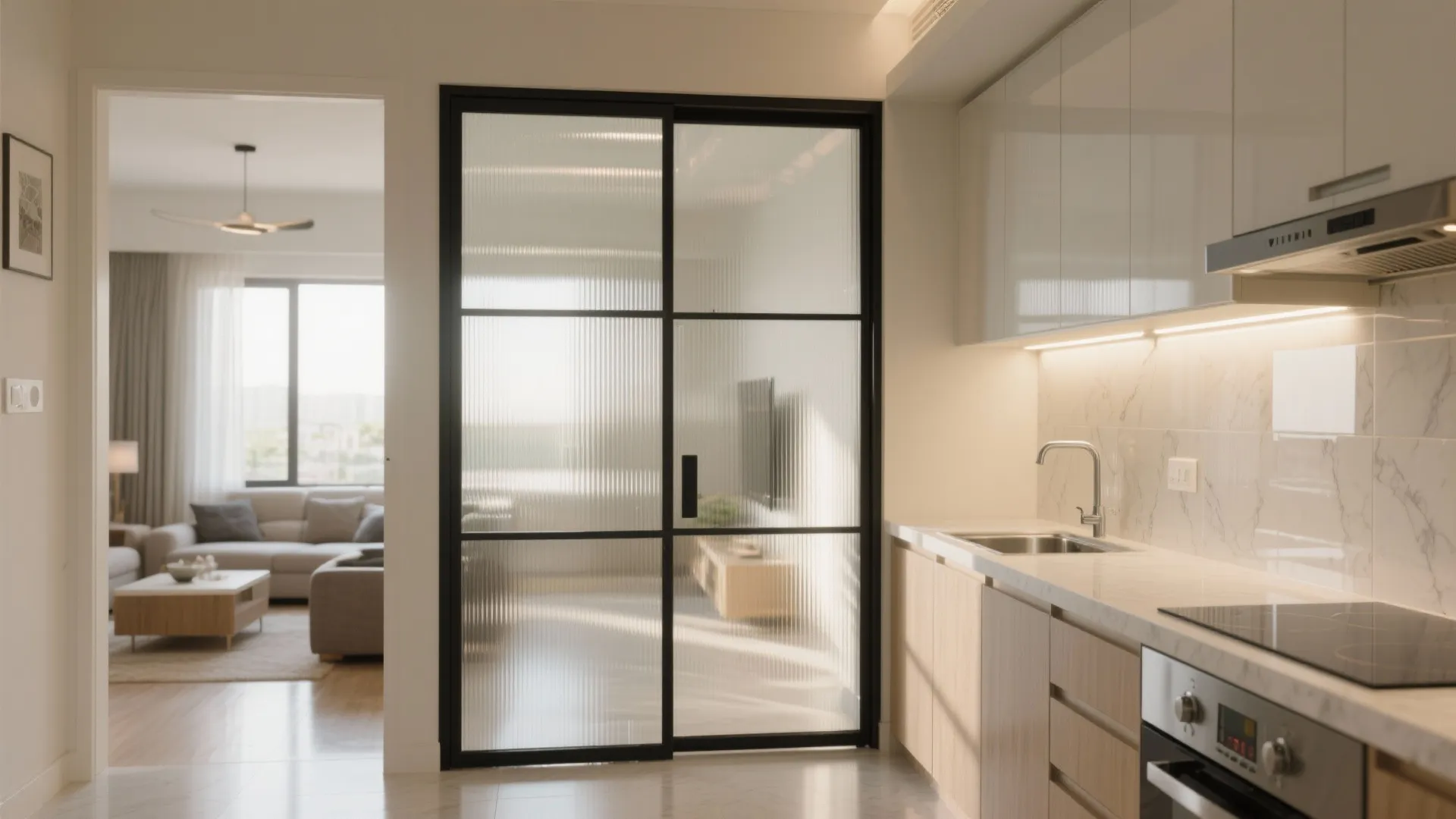 Glass Backsplash and Clear Partitions to Borrow Light