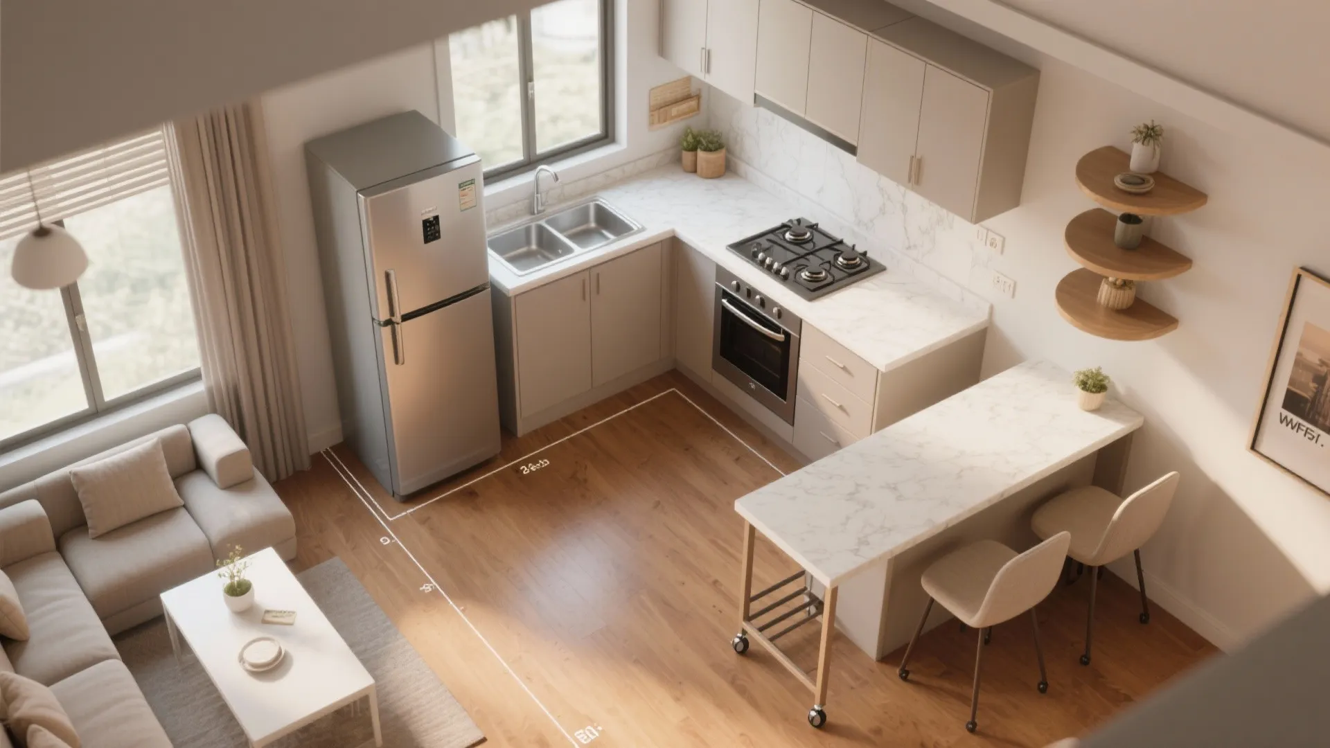 L-Shaped Flow in Living–Dining–Kitchen for More Counter Space