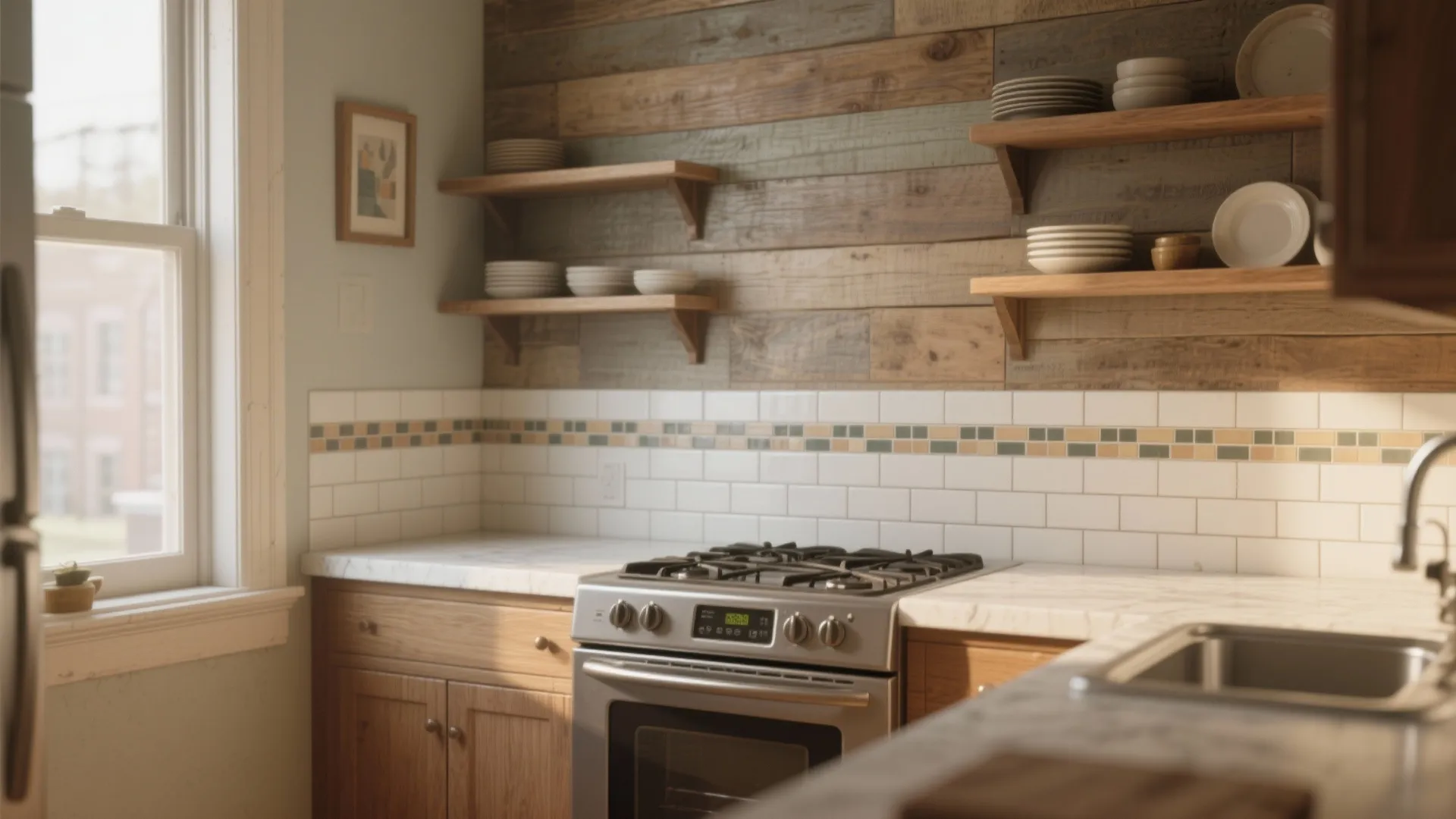 Rustic kitchen with white tile wall and wood panels featuring a stove and wooden shelves