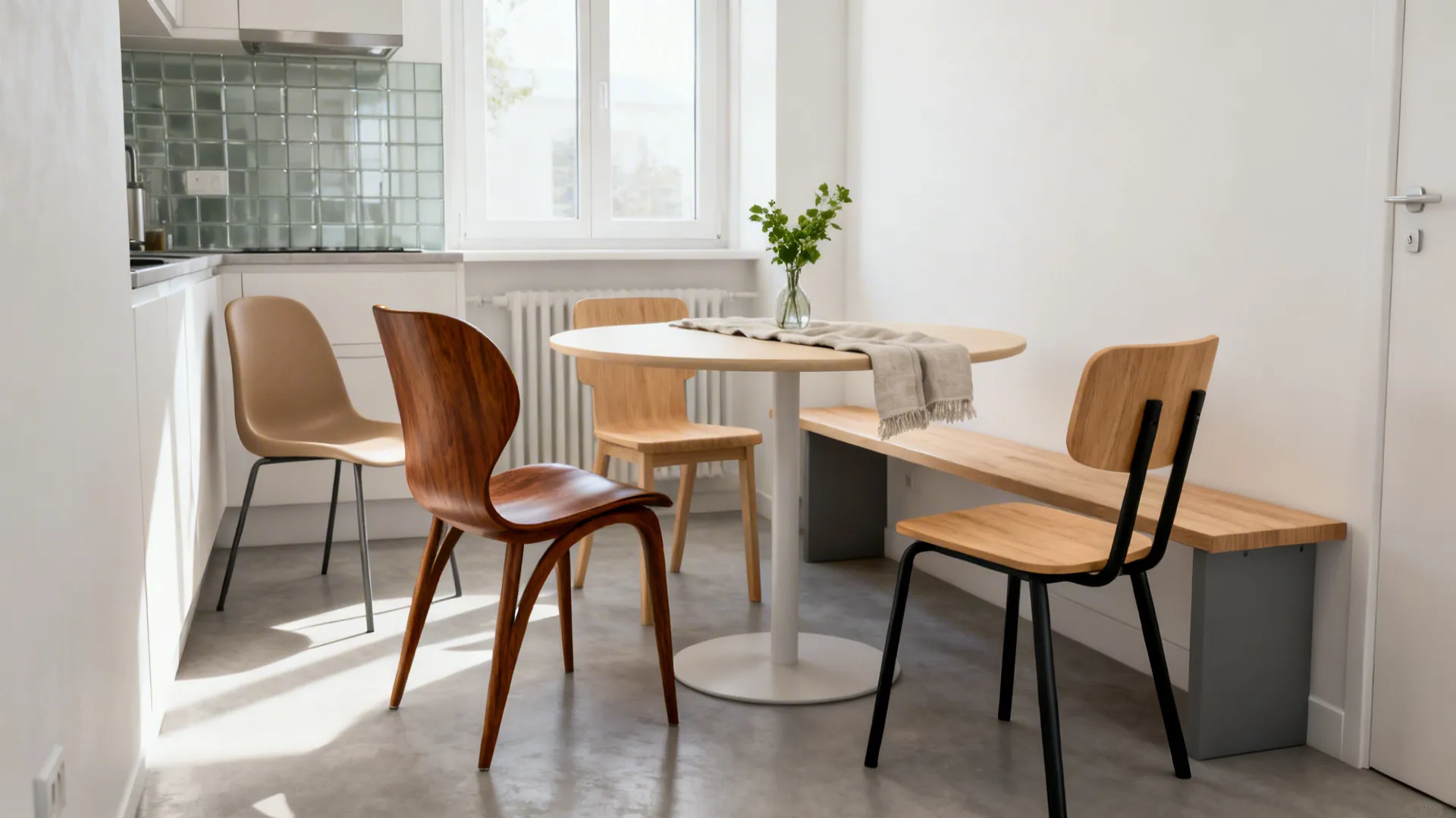 Modern dining area with round wooden table mismatched chairs wooden bench and white kitchen cabinet background