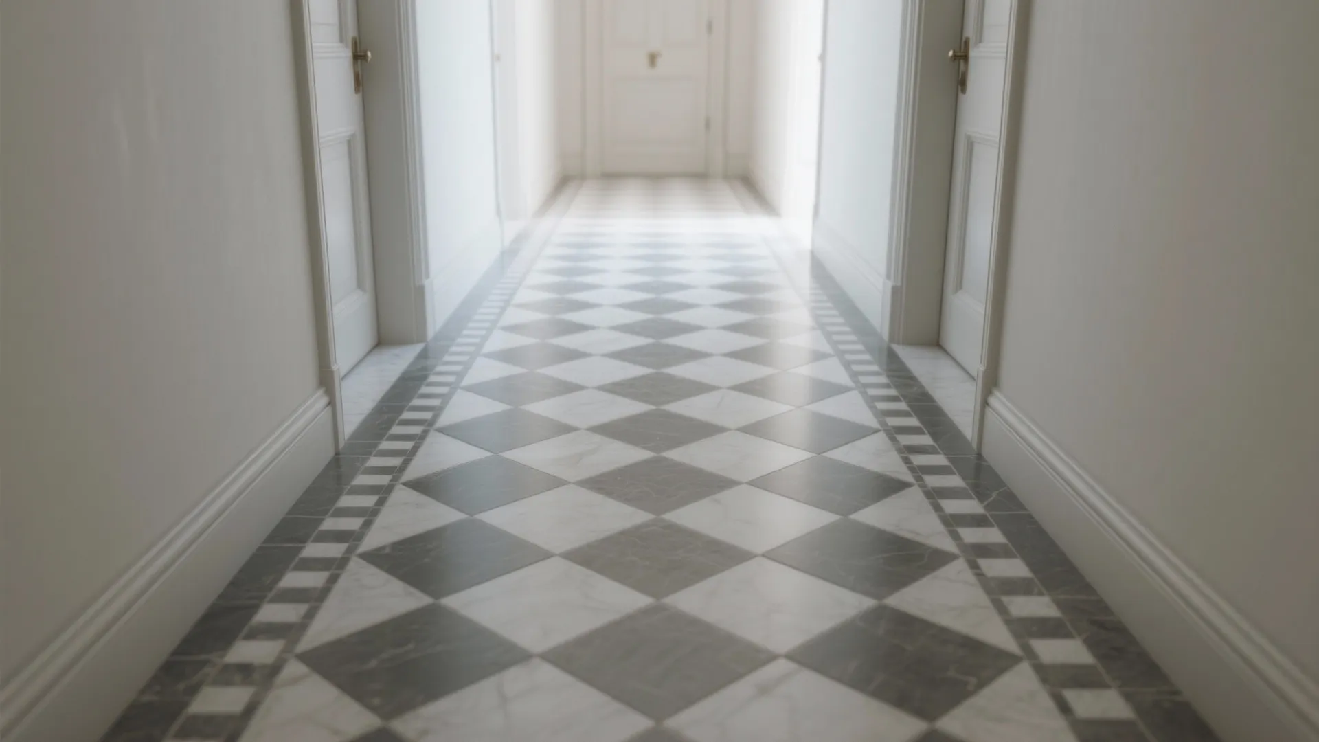 Long white hallway with black and white diamond patterned floor tiles and classic white doors