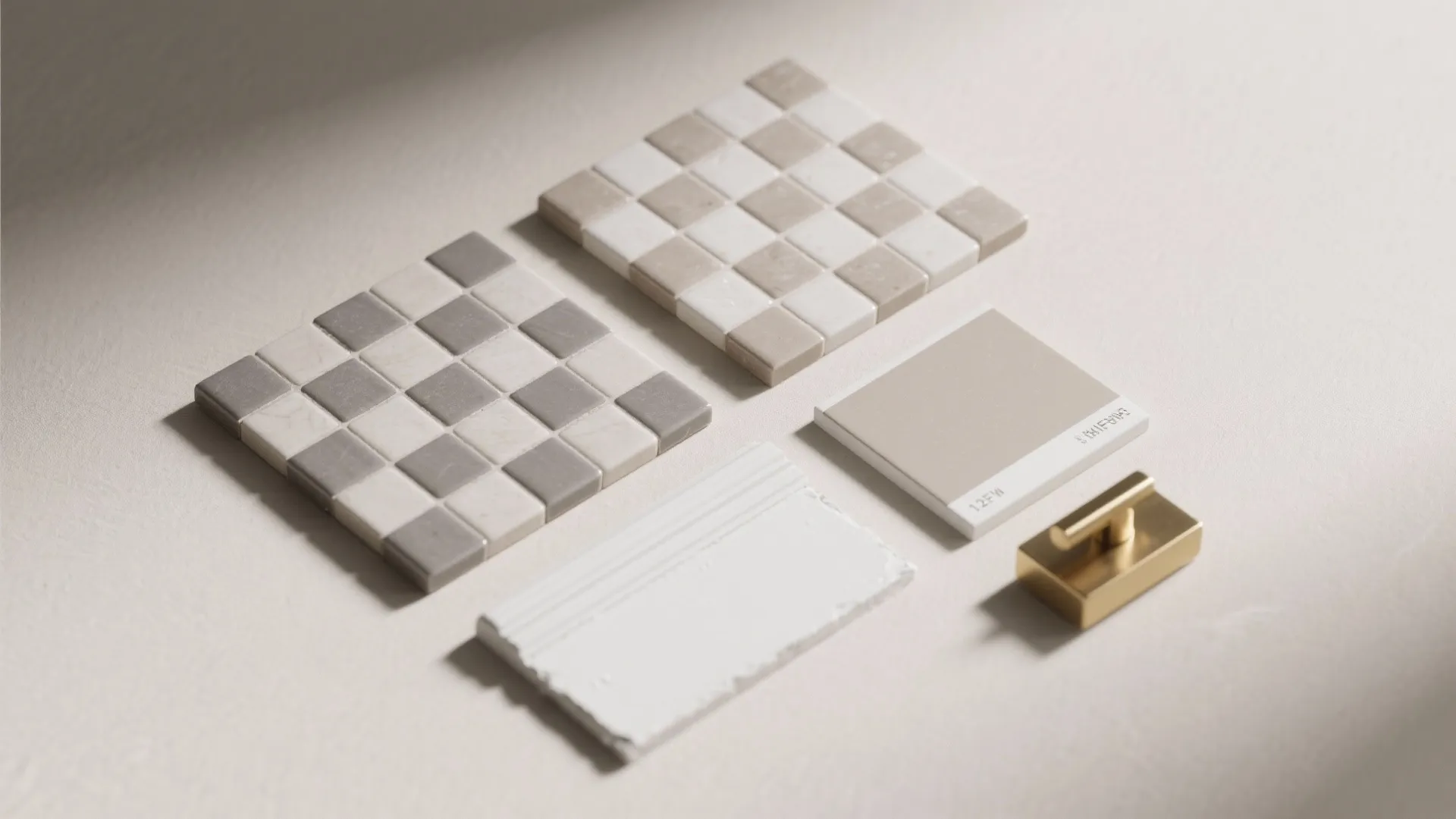 Collection of material samples including checkered tiles wall panel piece and gold metal handle hardware