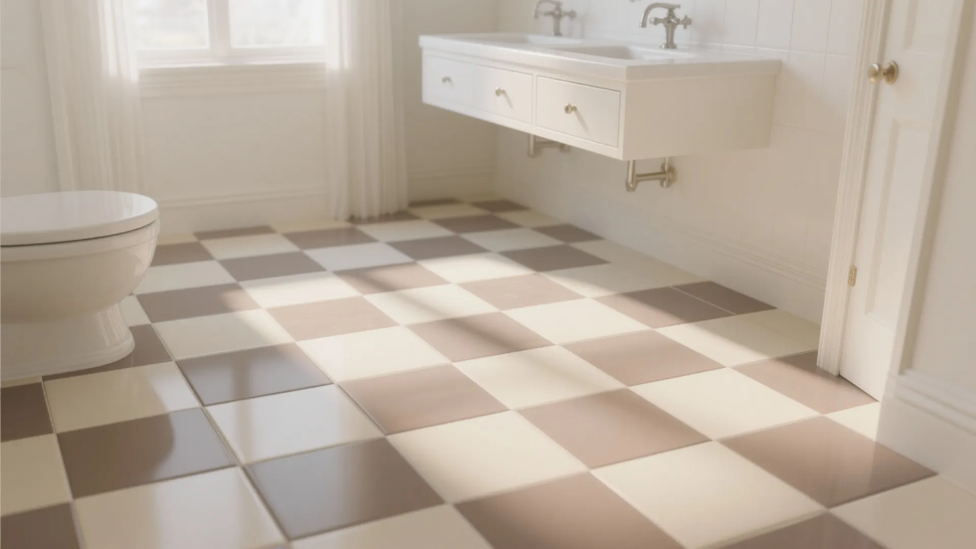 Bright bathroom featuring checkered floor tiles, white wall cabinet, white toilet, and large bright window