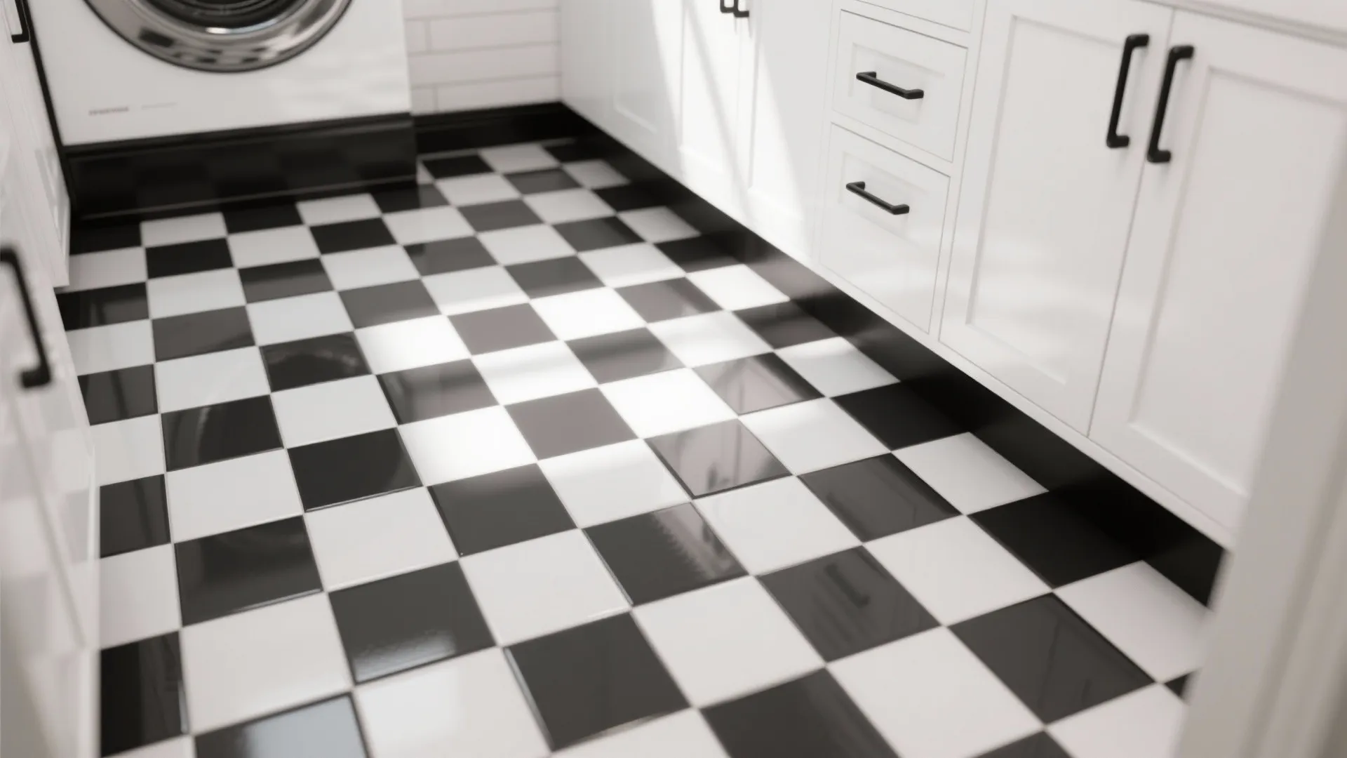 Laundry room with black and white checkered floor tiles white cabinets and a washing machine