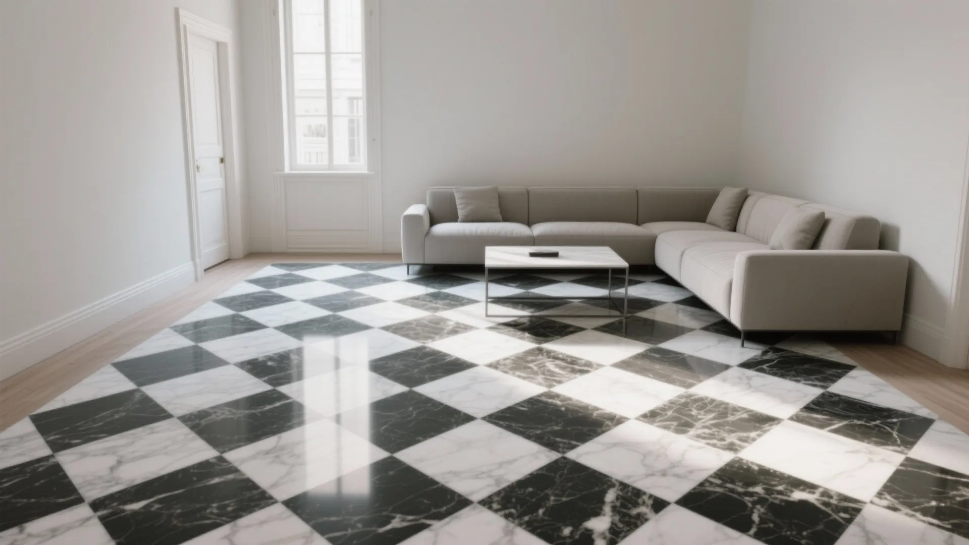 Living room with black and white checkered marble floor tiles, large beige sofa, and table