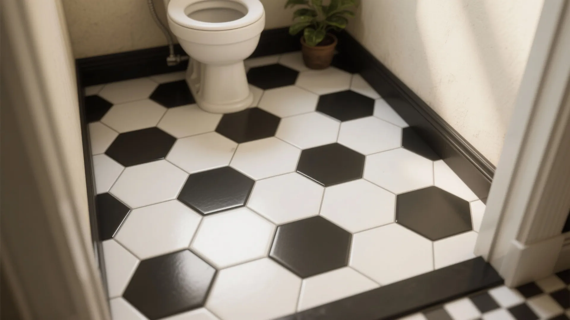Retro-inspired small bathroom floor with black and white hexagon tiles and a dark border inset.
