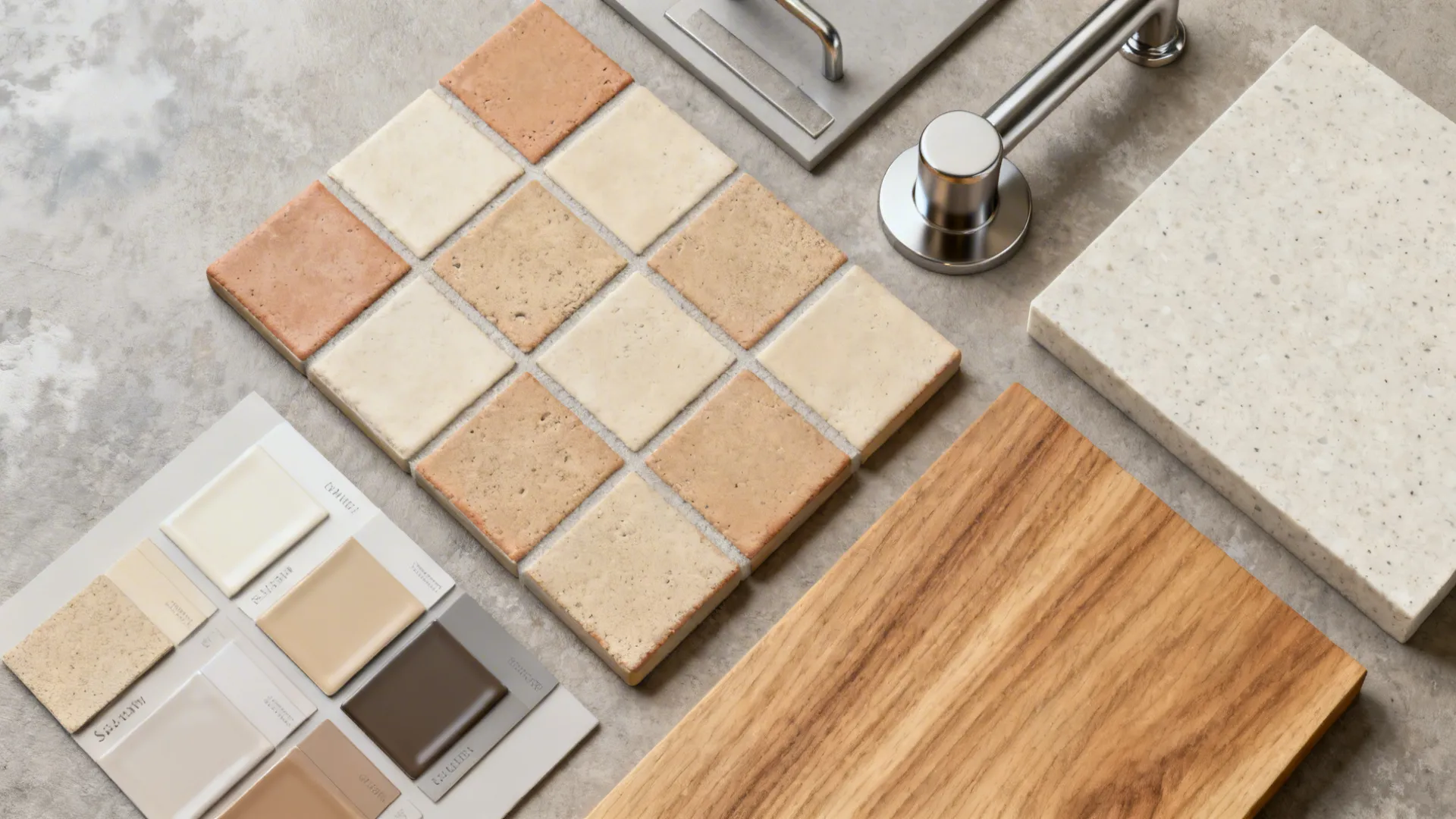 Top-down flat lay of clay and sand 4x4 tiles with grout swatches and coordinating materials.