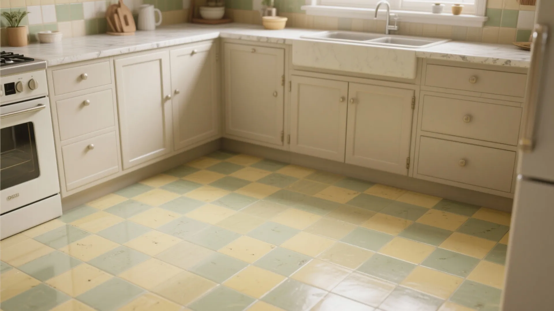 Kitchen with muted yellow and sage checker tile floor balanced by neutral countertops.
