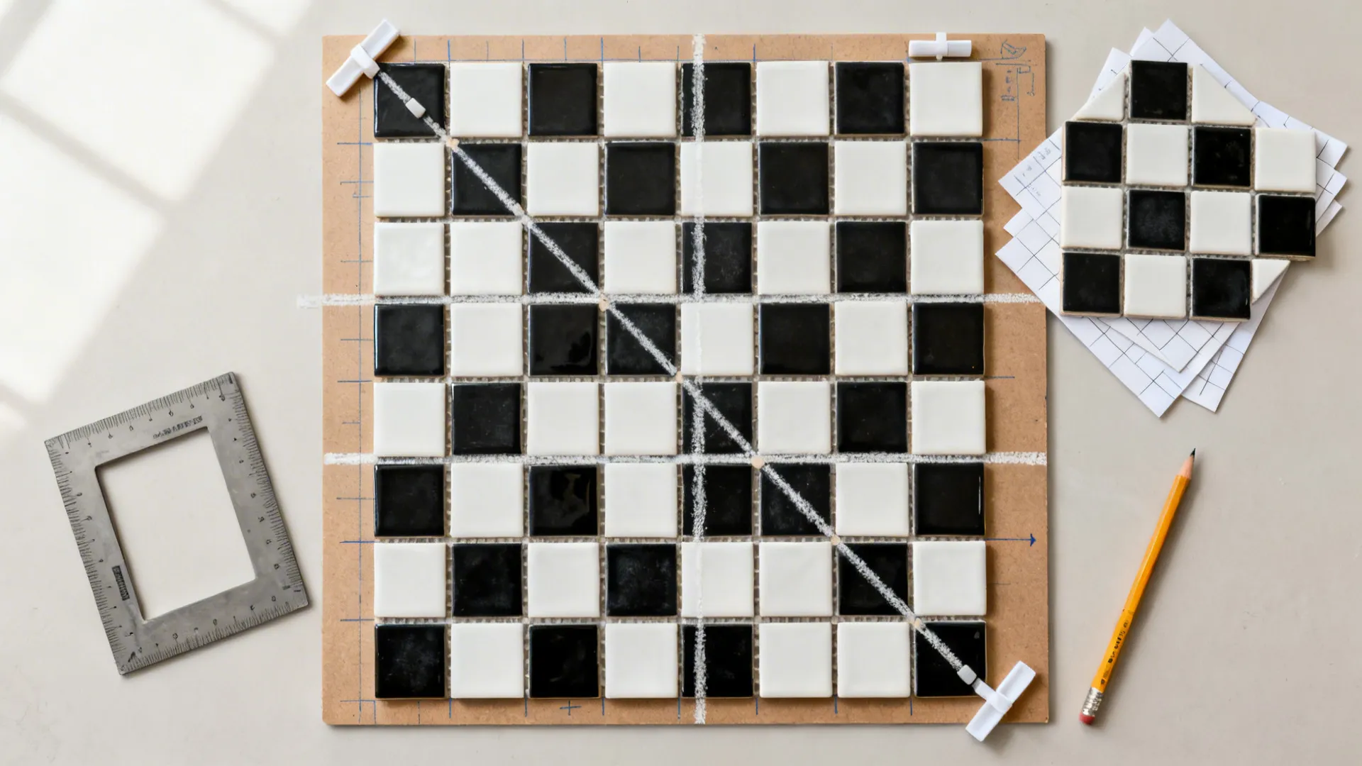 Top-down flat lay of black-and-white mosaic sheets with chalk lines and spacers for alignment.