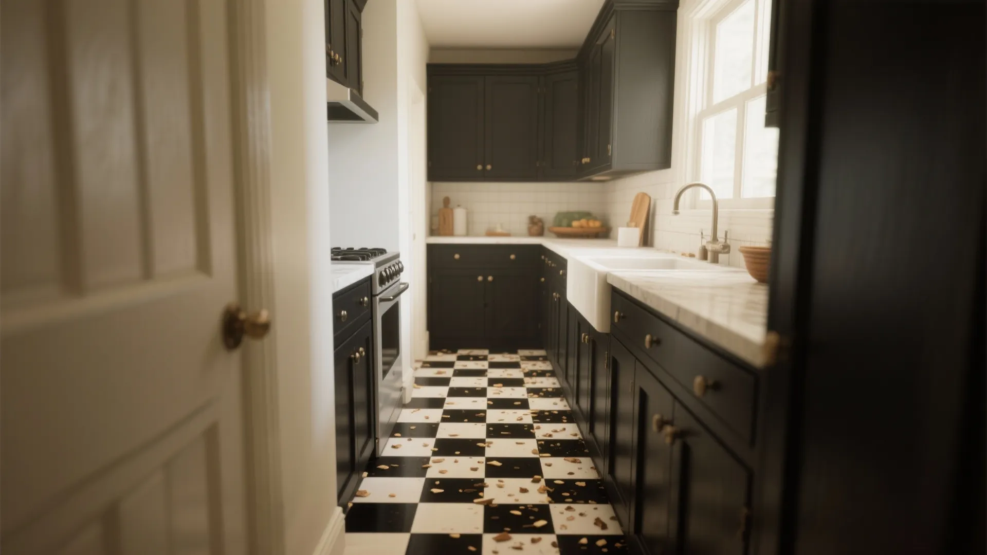 Narrow kitchen featuring dark black cabinets white marble countertops and classic black white checkered floor