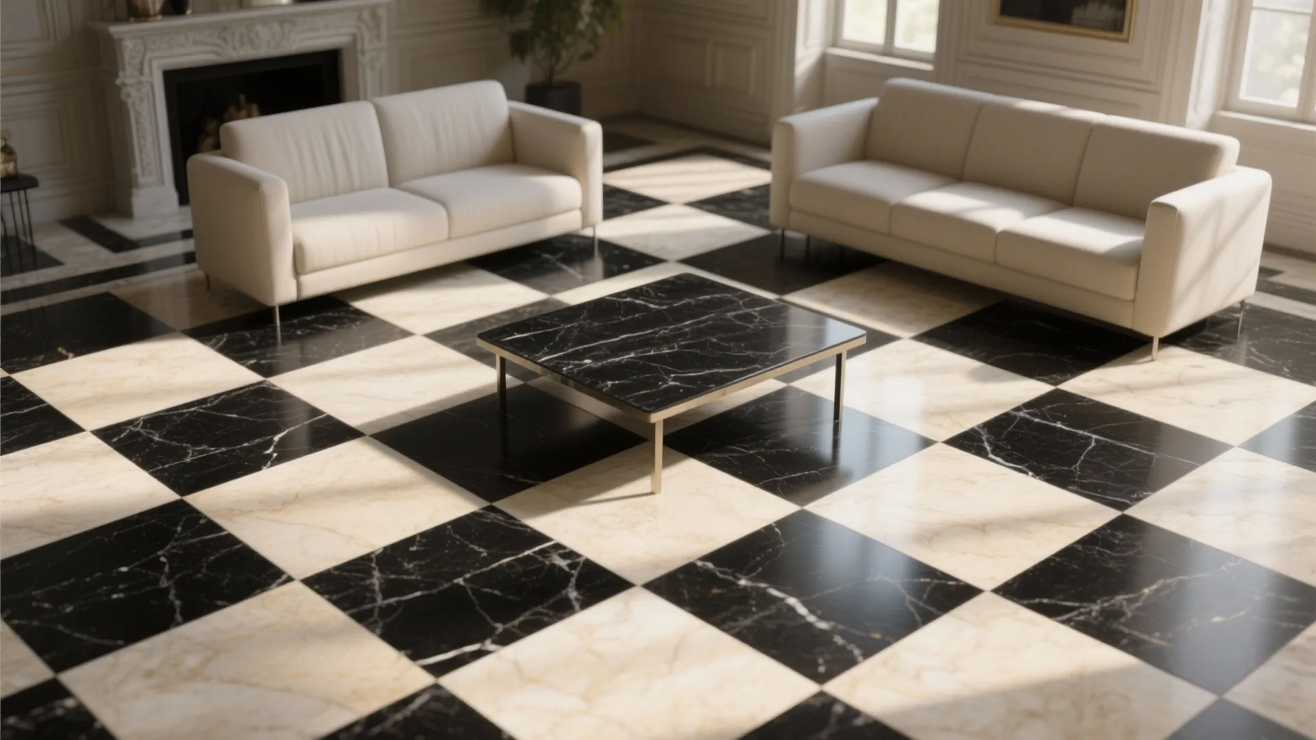 Black Granite + Light Stone Checkerboard