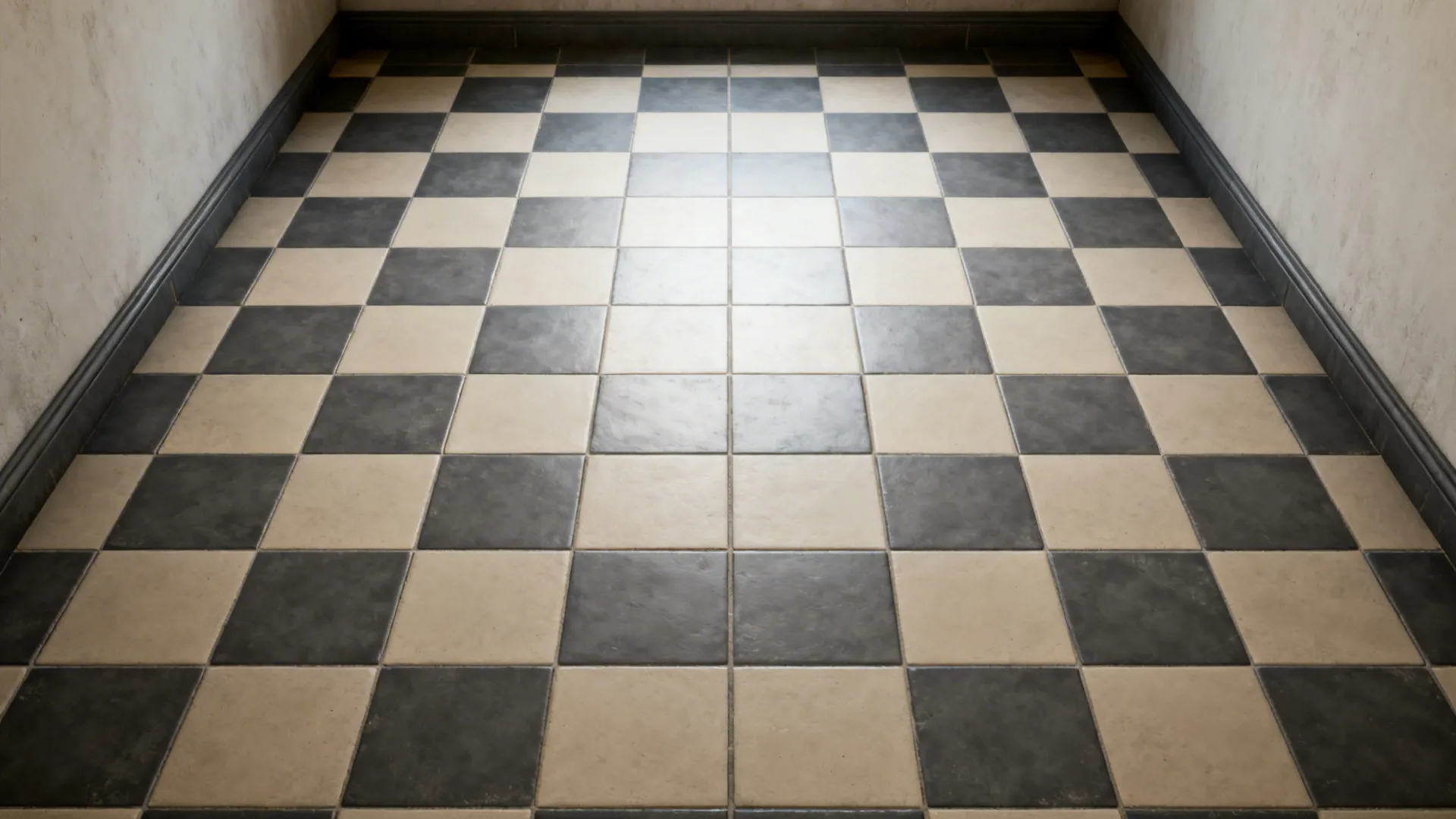 Top-down dry layout of charcoal and putty checkerboard tiles centered on a room axis.