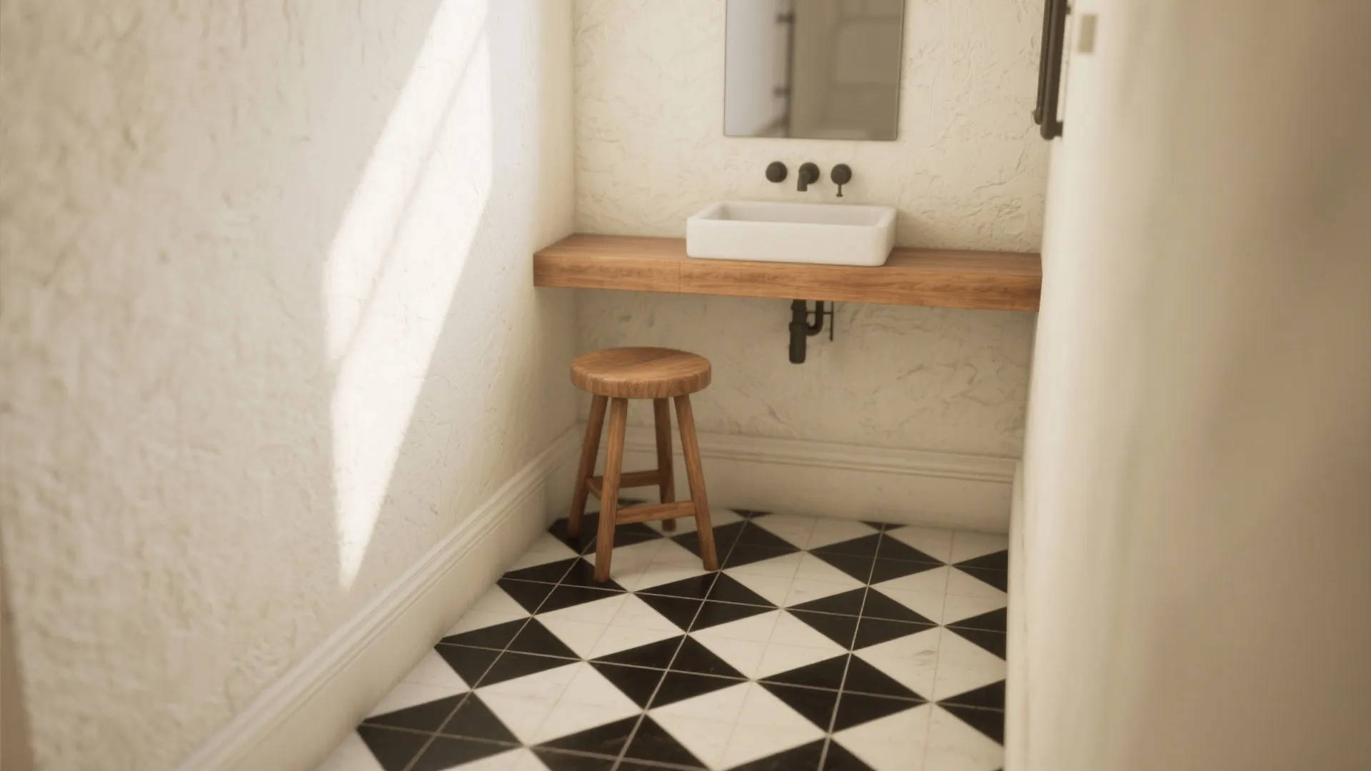 1. High-contrast floor, soft matte walls