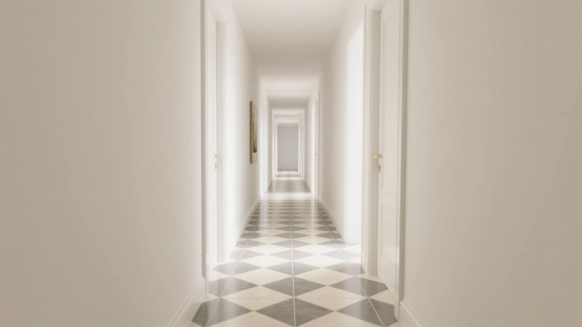 Long narrow white corridor featuring classic diamond pattern floor tiles and multiple white closed doors