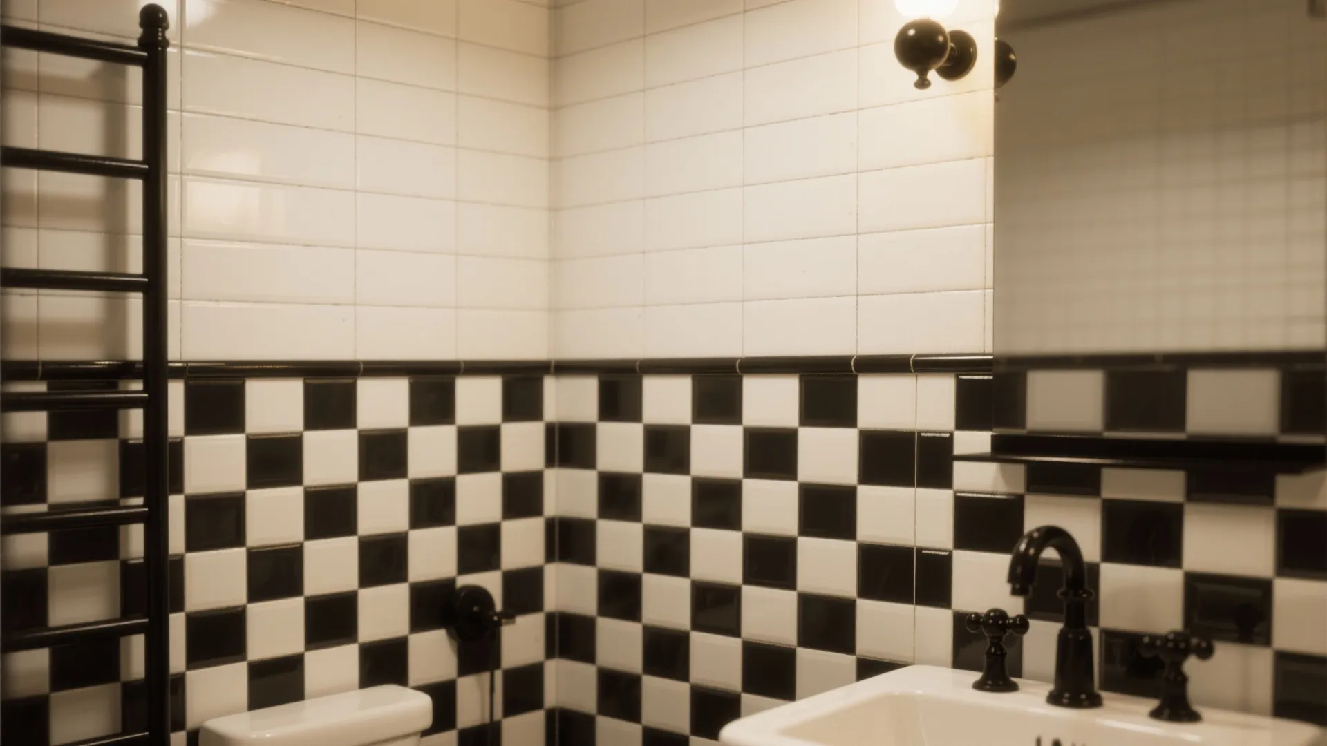 Half-wall in a bathroom with black-and-white checkerboard wallpaper, matte-black hardware, and white tile above.