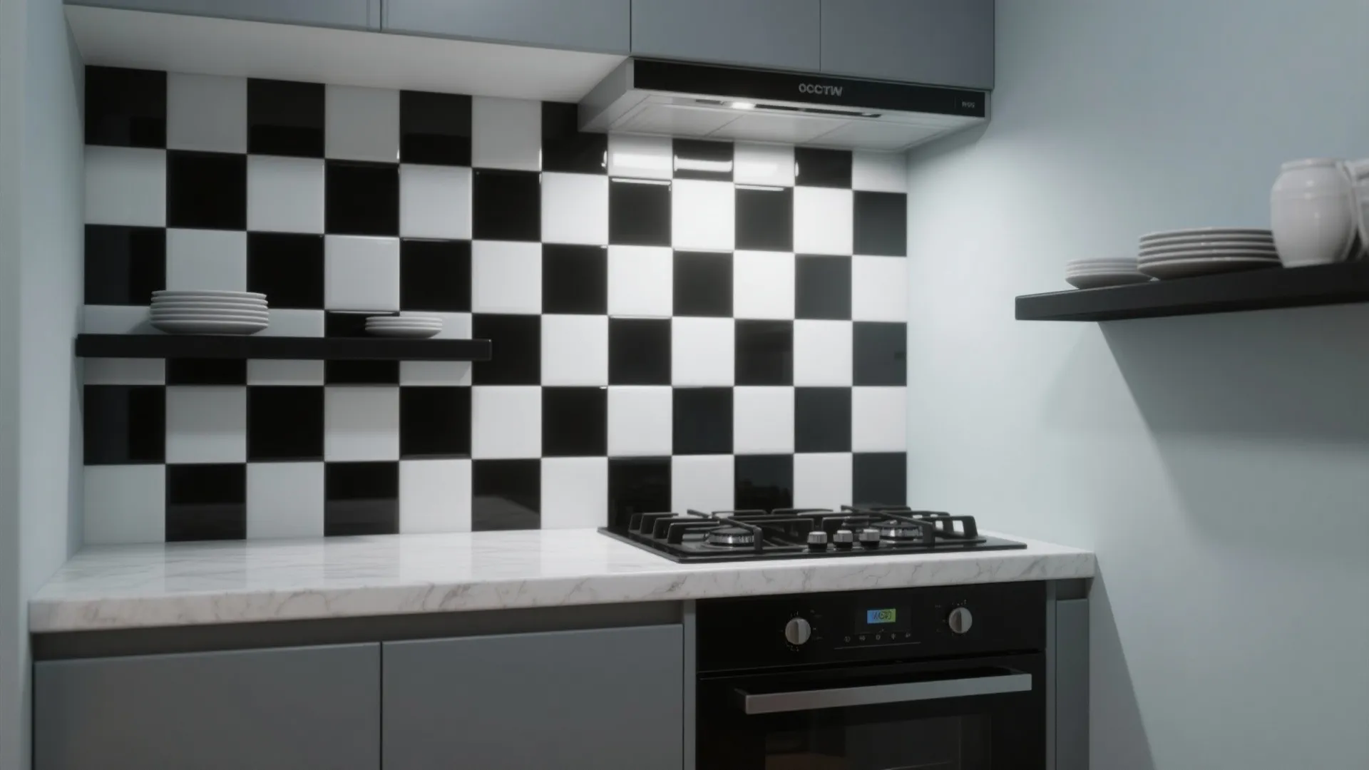 Small kitchen cook zone with black-and-white checkerboard backsplash and soft grey walls.