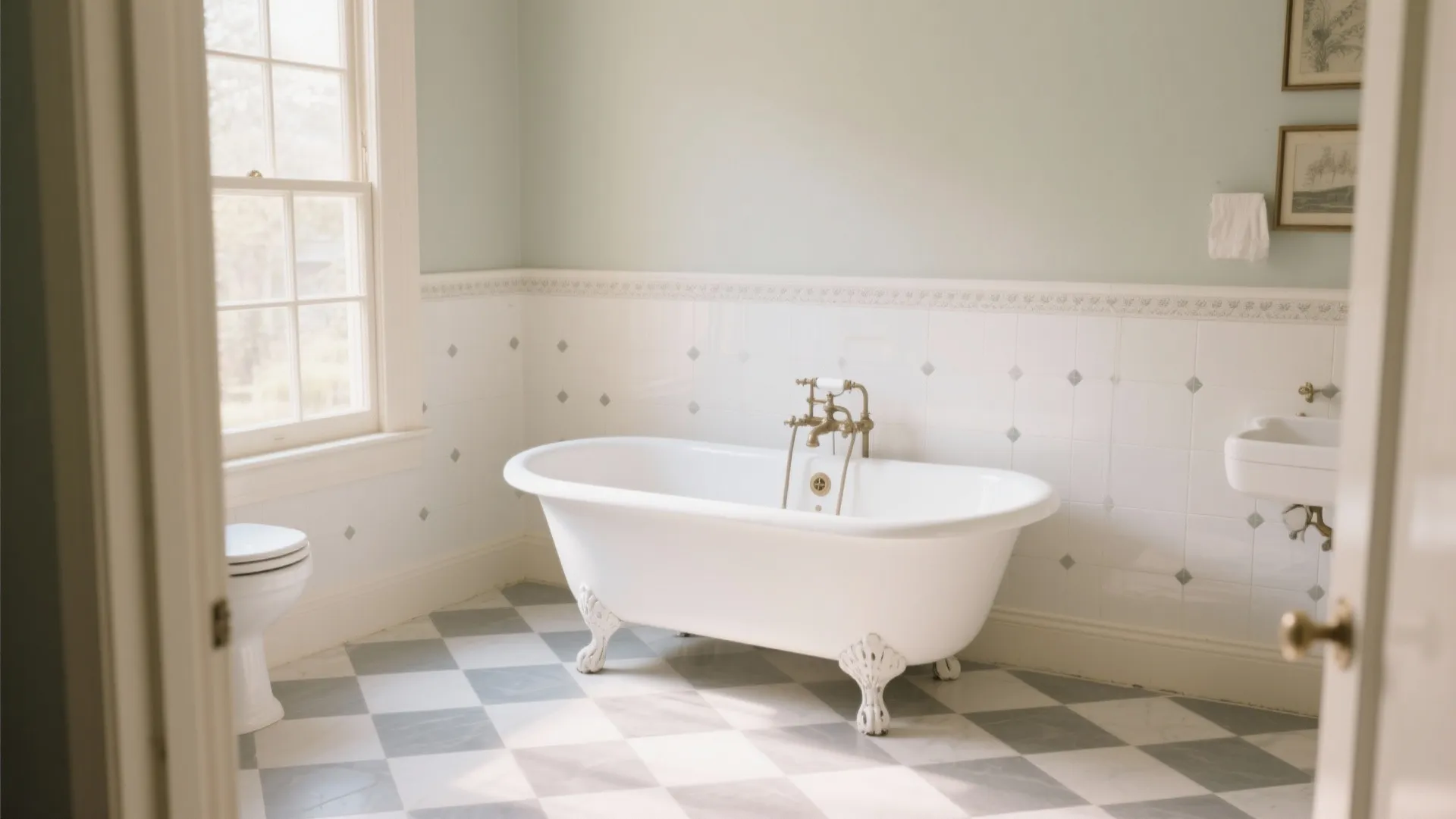 Vintage bathroom with white bathtub, checkerboard floor, light green walls, window, and small white sink