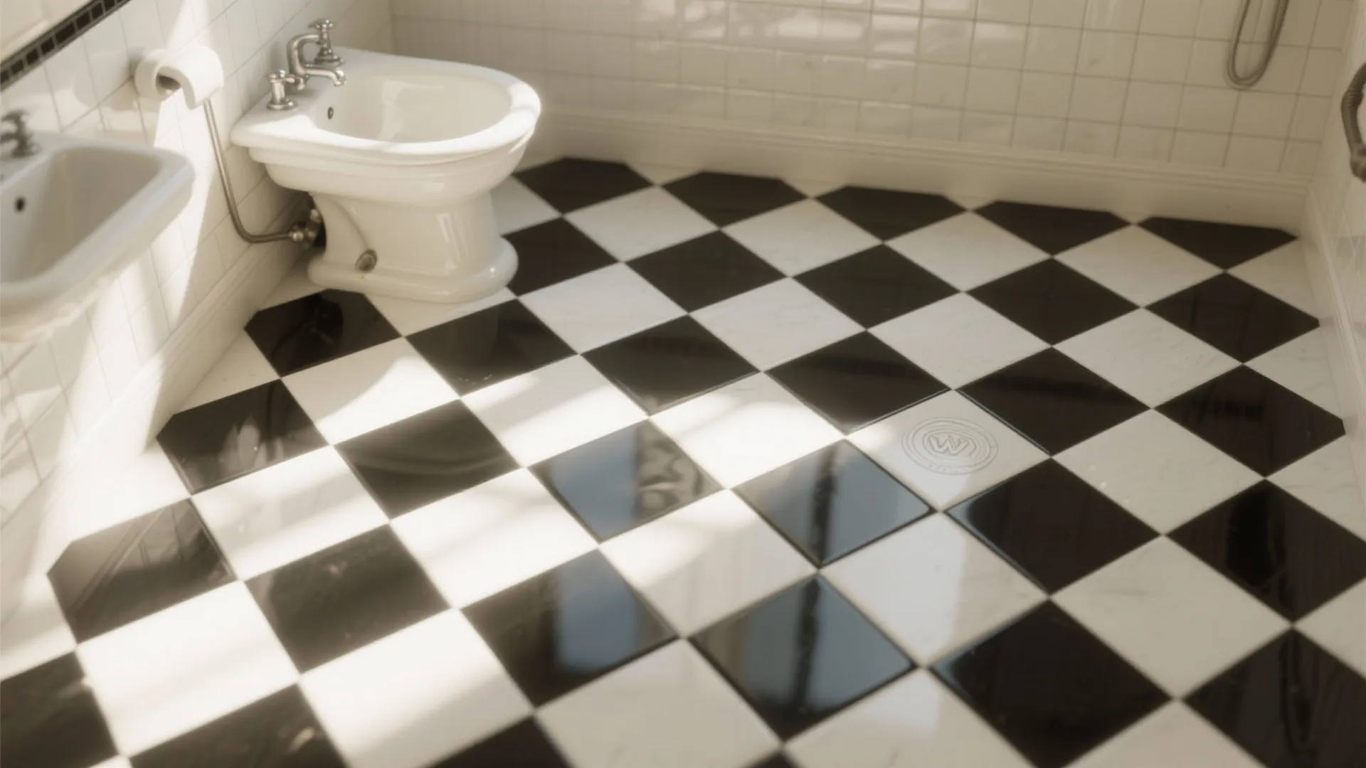Bathroom with black and white checkerboard floor tiles, white bidet, sink, and bright natural sunlight