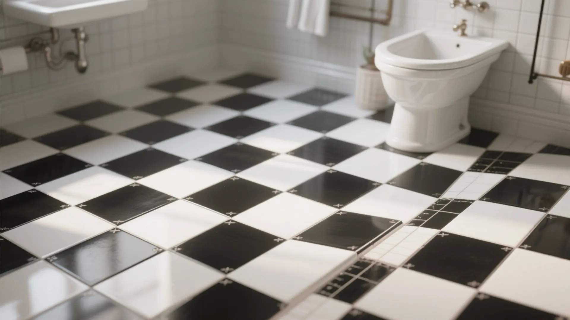 Modern bathroom featuring black and white checkerboard floor tiles with a white toilet and sink