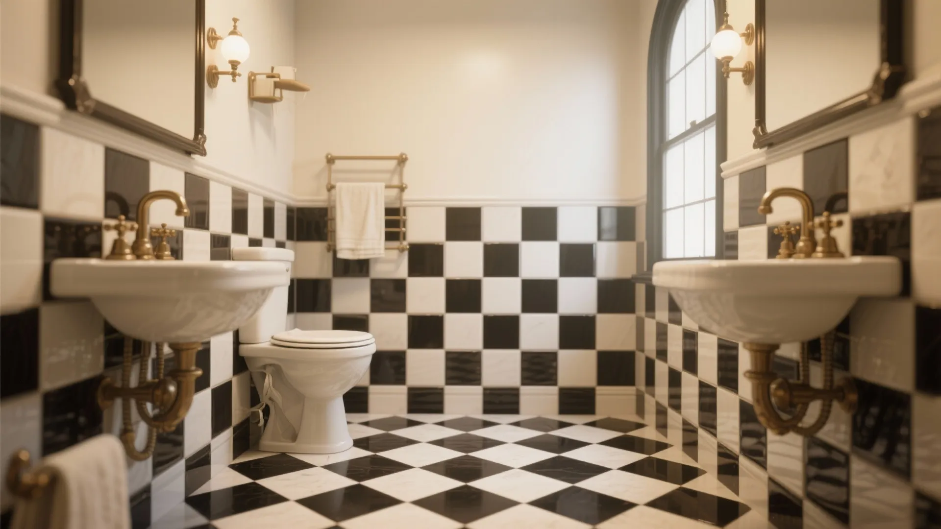 Bathroom with vintage style checkerboard tile flooring