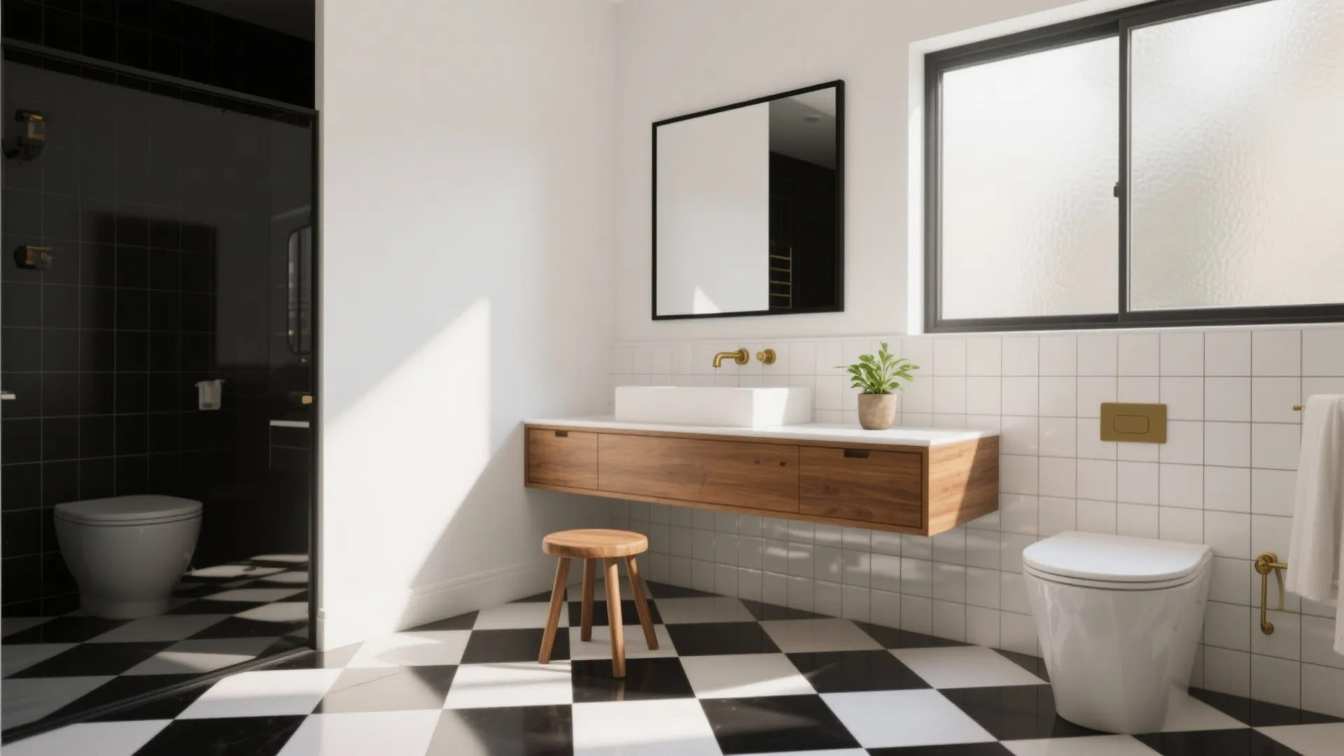 Modern bathroom with black and white checkerboard floor wooden cabinet white sink window and plant