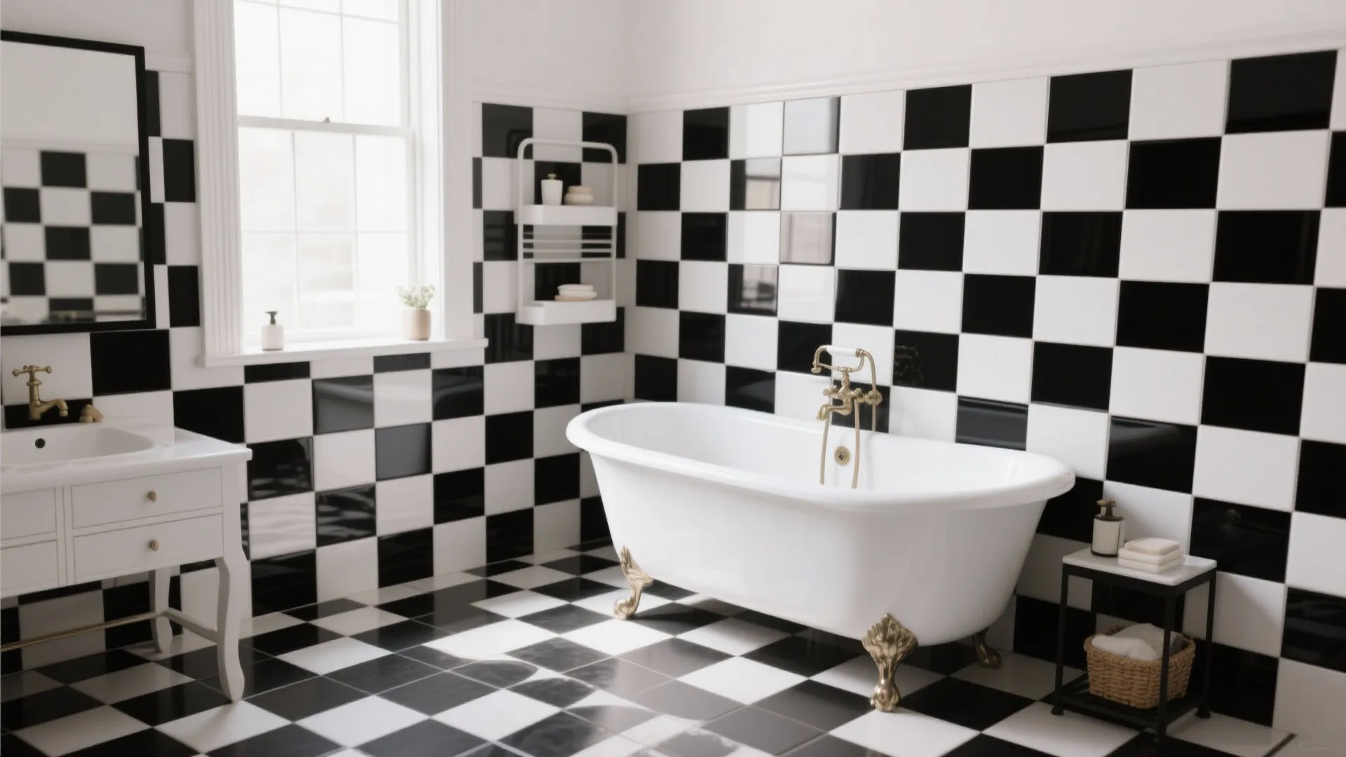 Vintage style bathroom featuring black and white checkerboard tiles white bathtub with gold feet and window