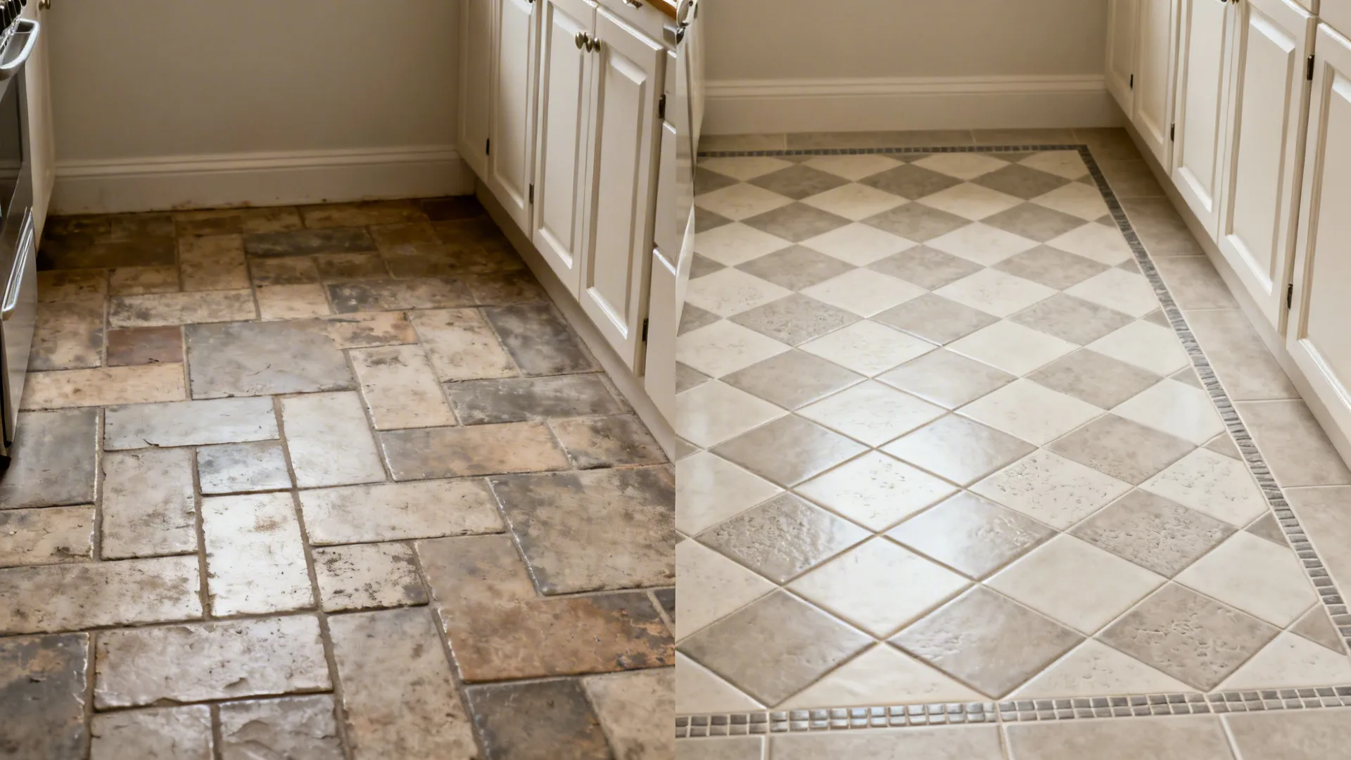 Comparison of old stone kitchen floor and new cream and grey checkerboard tile floor design