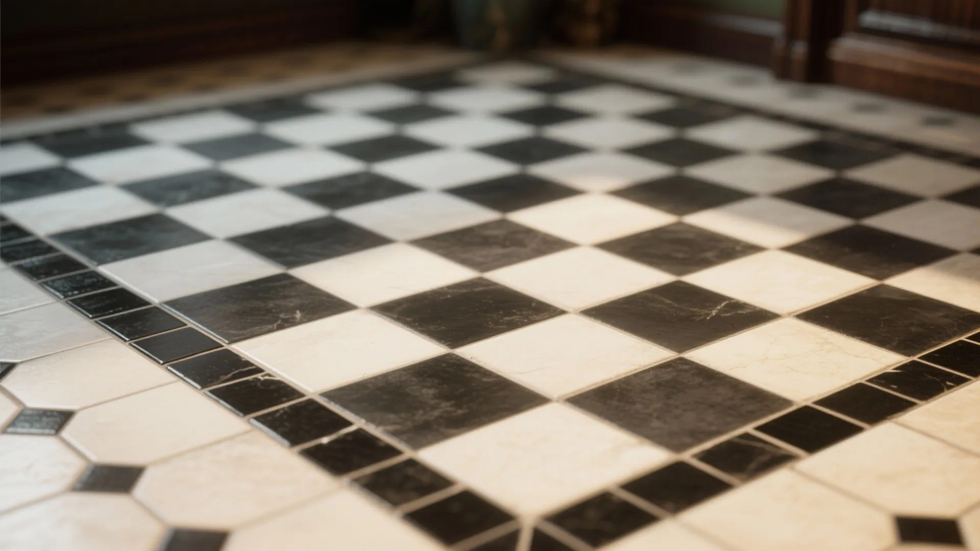Close-up of a checkerboard floor with a small black tile border and visible grout texture.