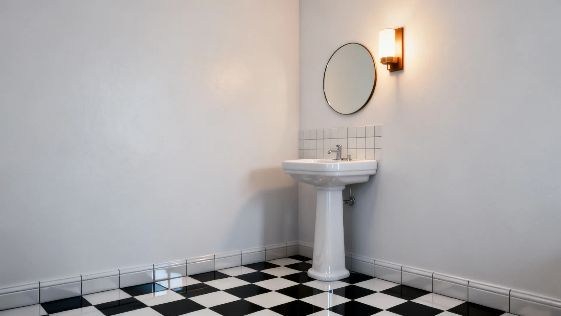 Bathroom corner with glossy black-and-white checkerboard floor and matte white walls with a round mirror.