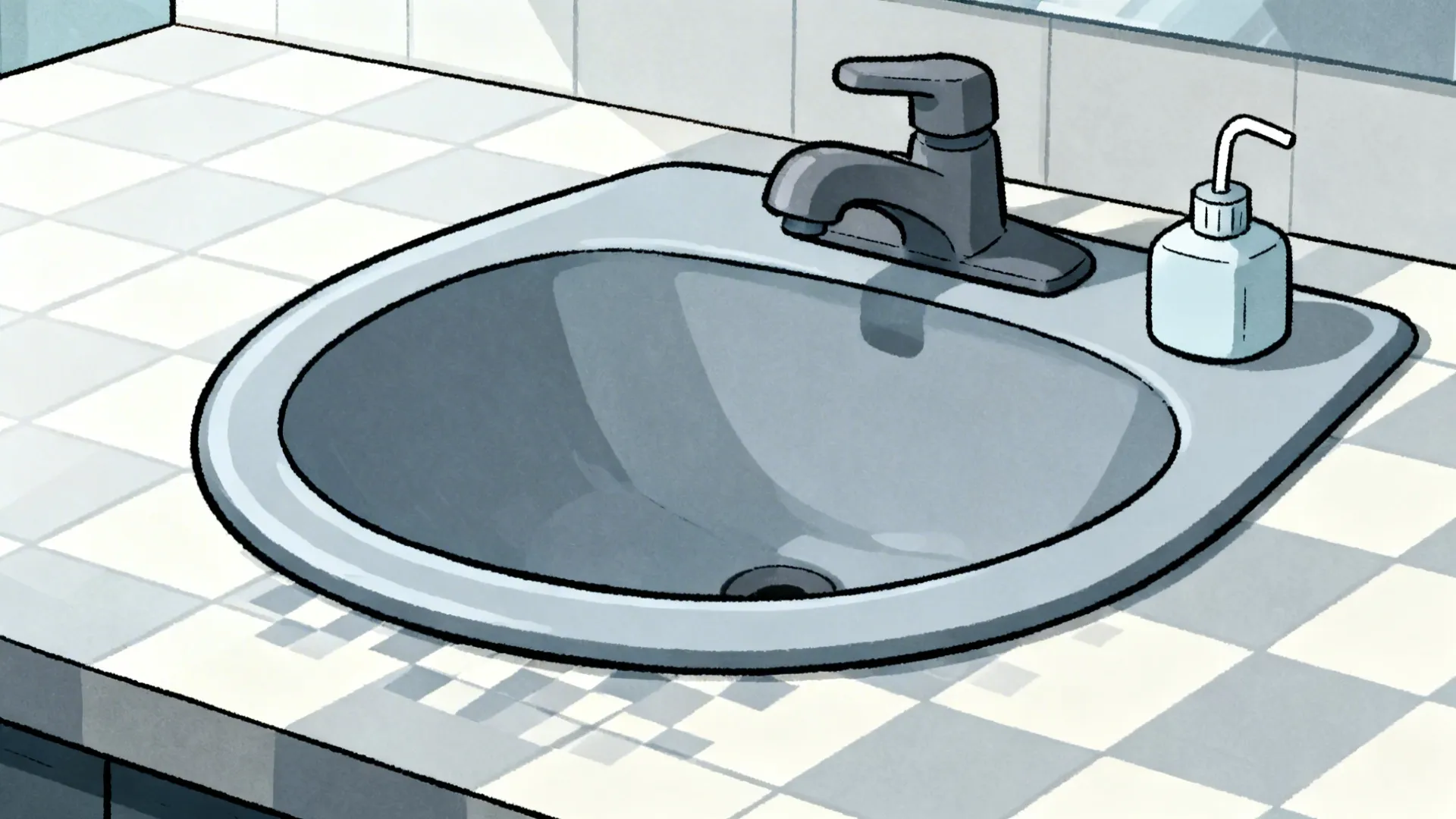 Cartoon sink on a fading checkerboard countertop with a tiny soap pump accent.