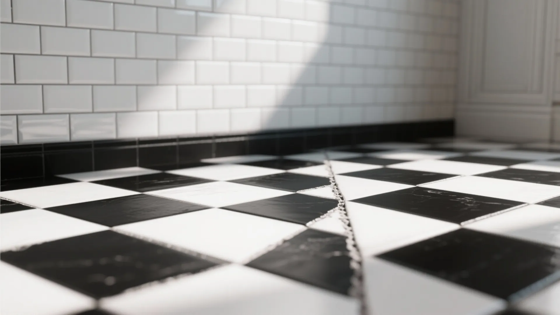 Close-up of checkerboard floor adjoining white subway tile wall showing grout texture.