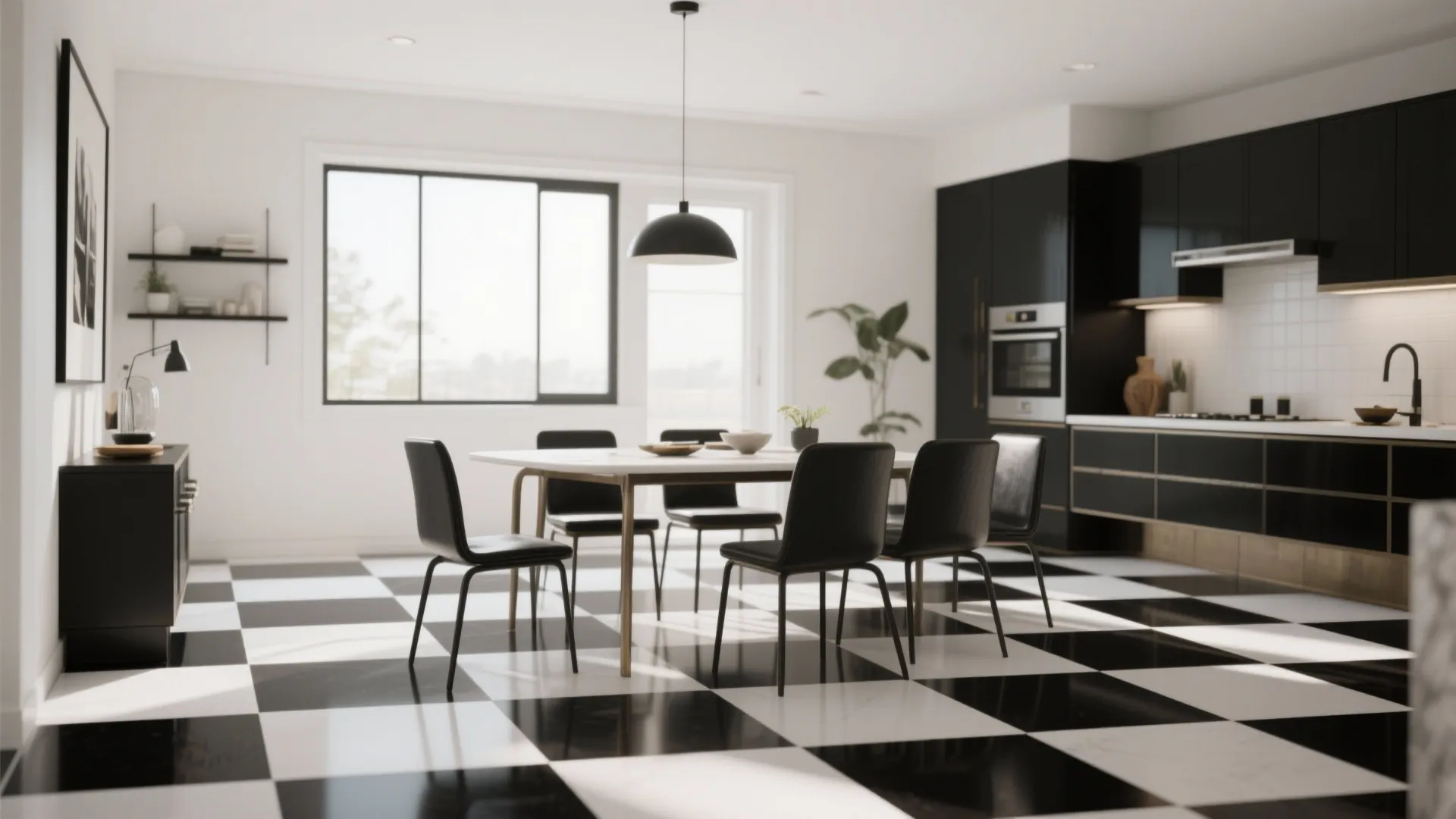 Modern dining room with black and white checkered floor tiles plus black kitchen cabinet set