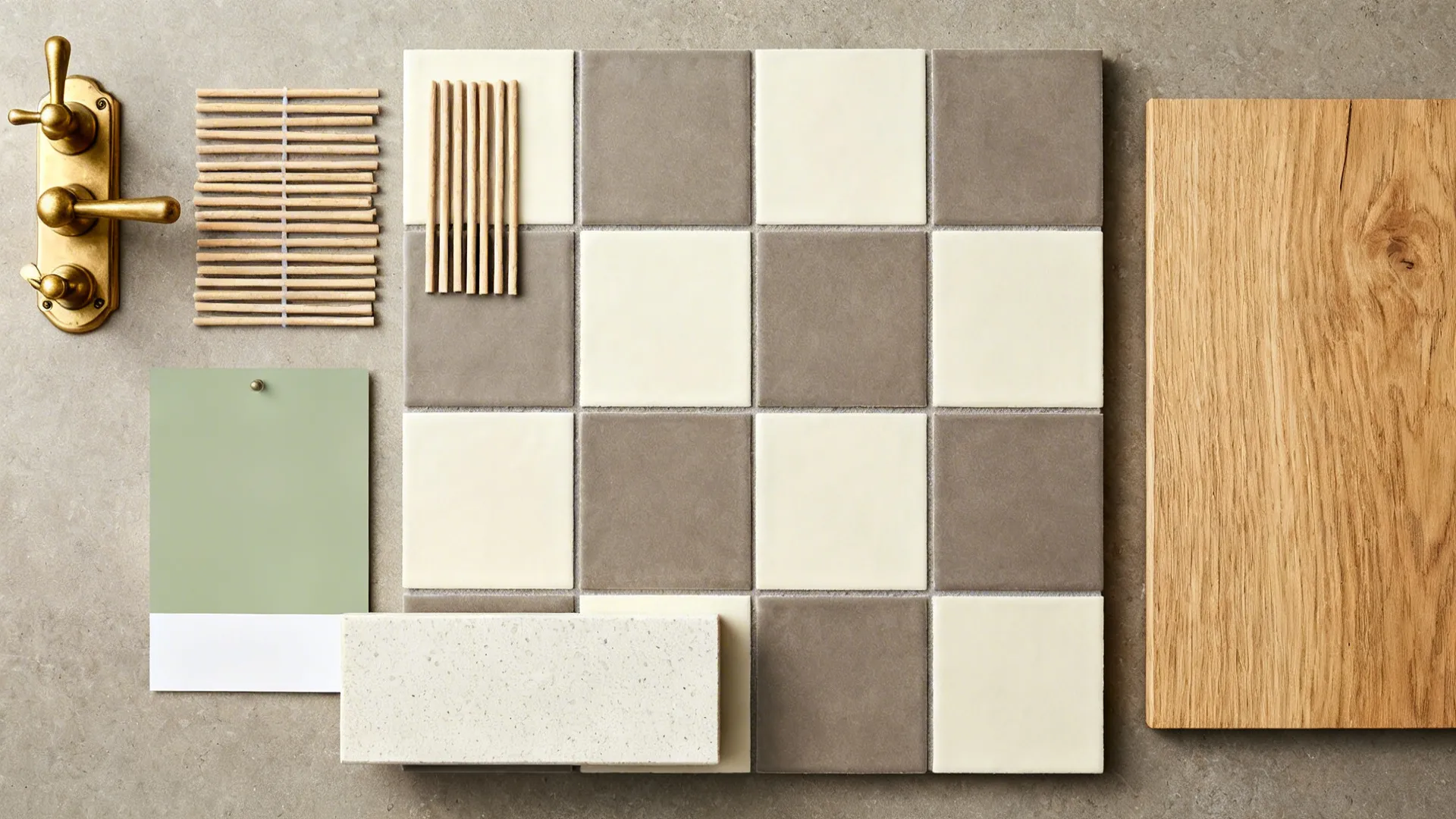 Top-down flat lay with warm gray and cream tiles, grout sticks, brass hardware, sage paint, quartz, and oak veneer.