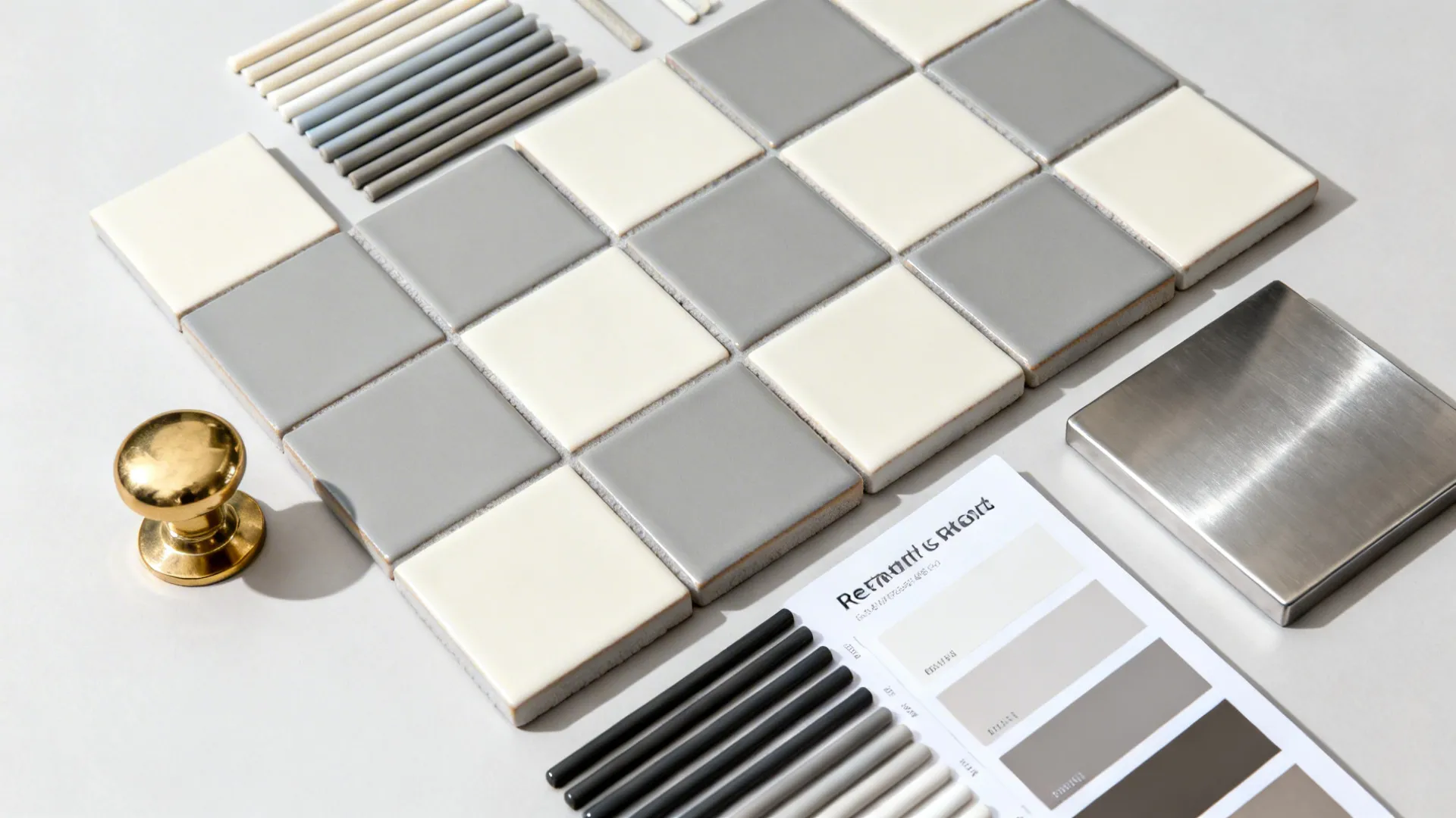 Top-down materials board with ivory and fog gray tiles arranged in a checkerboard pattern.