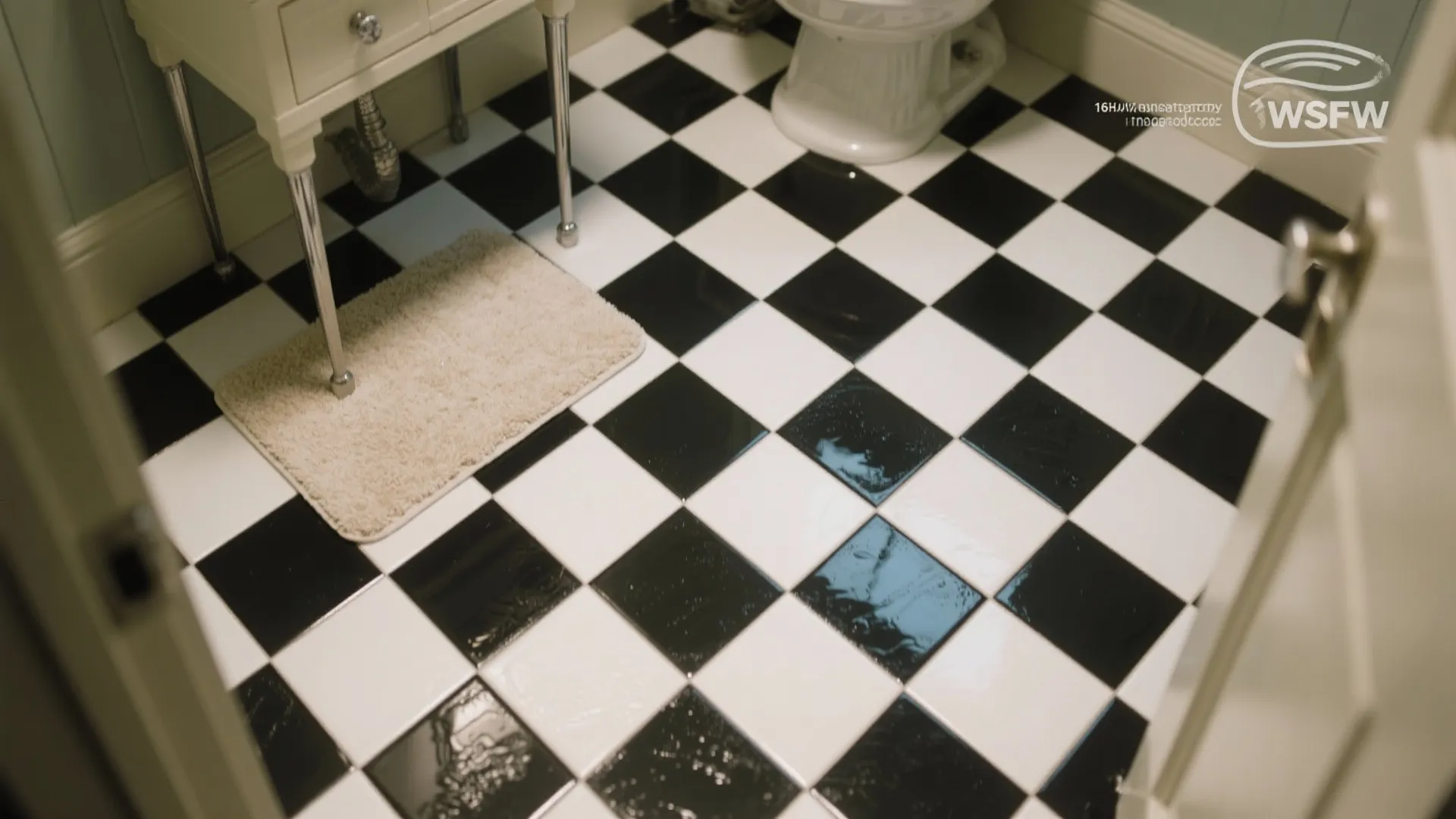 Top-down view of black-and-white checkerboard bathroom floor with slim vanity legs and a neutral bath mat, conveying vintage glamour.