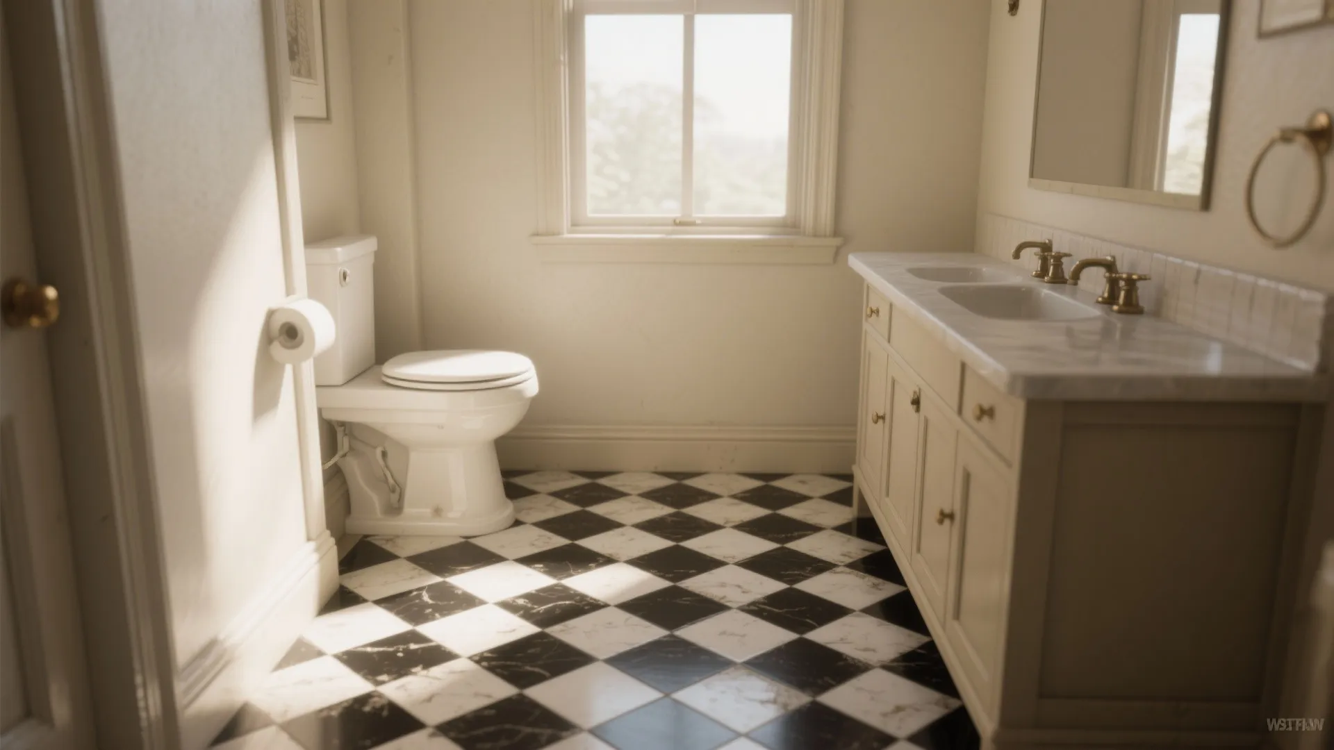 Classic bathroom with black and white checkerboard tile floor white toilet and cream bathroom cabinet