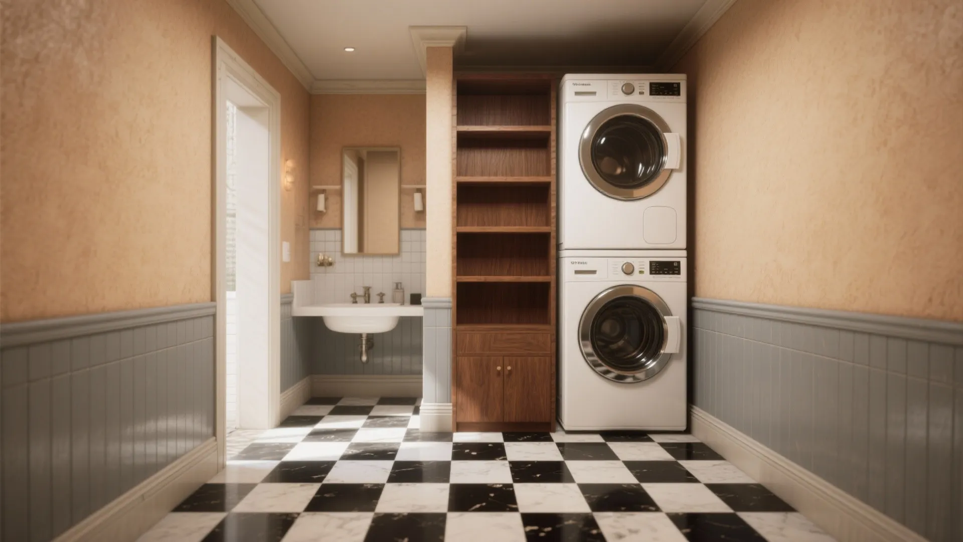 Small laundry area with stacked white machines wooden cabinet sink and checkered black white floor