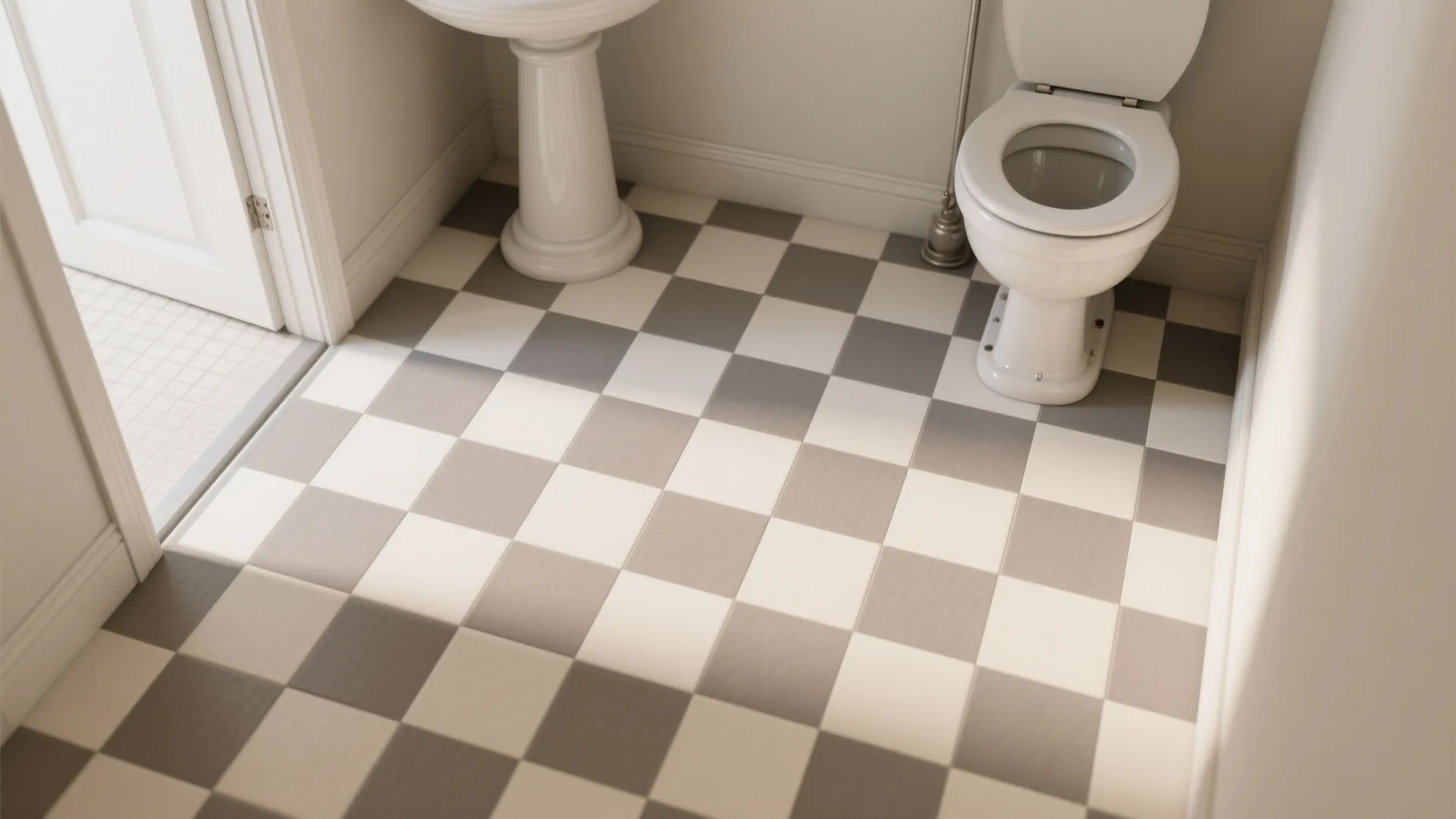 High-contrast checkerboard peel-and-stick floor in calm neutrals